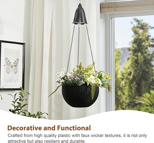 Miniatura 5 de Glitzhome Maceta colgante de plástico de 30 pulgadas de alto con luces solares, colgador de cesta negra con cadena para plantas