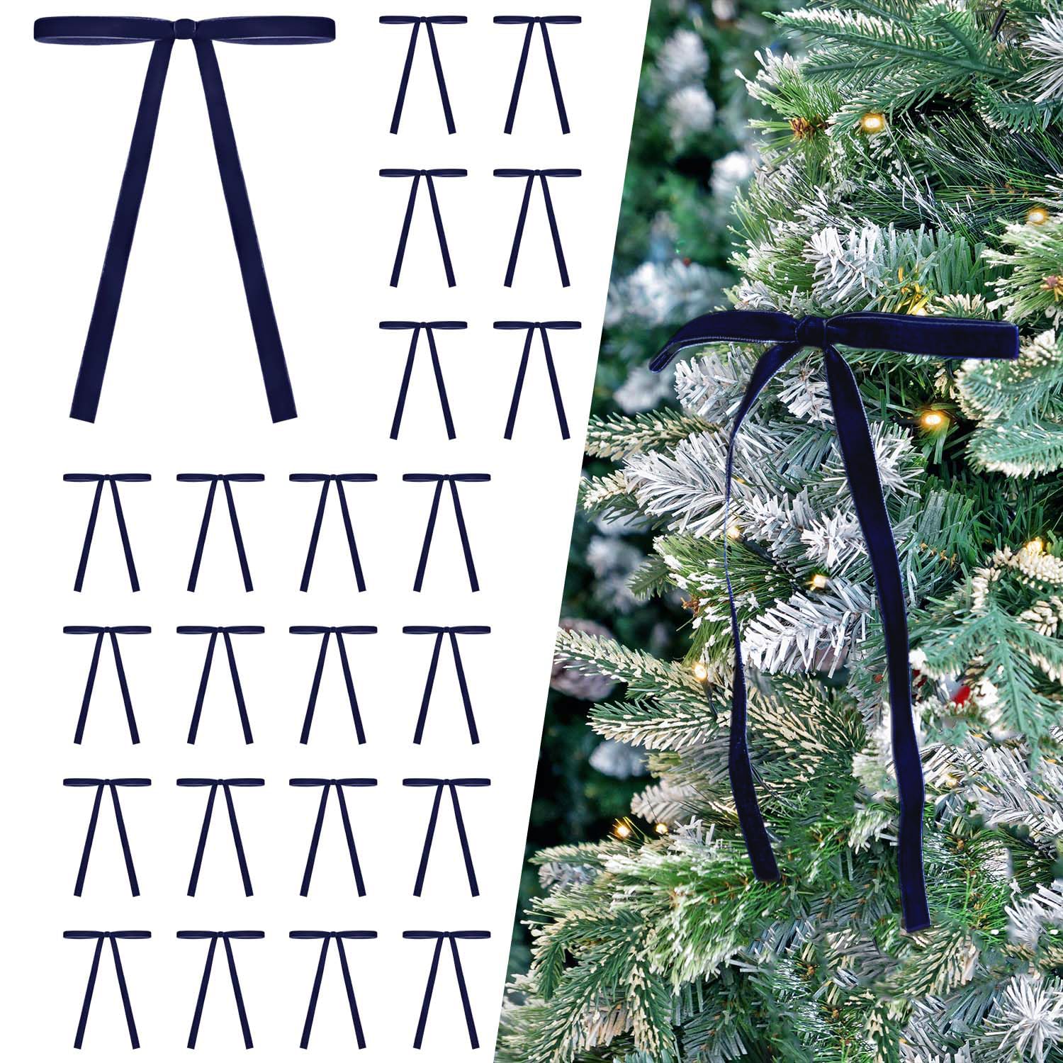 24 Pcs Dark Blue Velvet Bows Ornaments for Christmas Tree, Vintage Elegant Velvet Christmas Bows Tree Decorations, Indoor Home Decor for Wreath Mantle Gift Wrap Holiday Decor, 3/8'' W, 5 * 7 inch