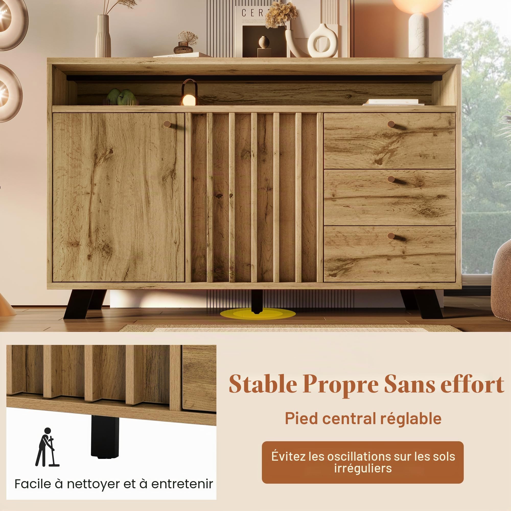 Merax Buffet avec compartiment ouvert et façade à lamelles, 3 tiroirs 2 portes, buffet en bois avec étagères réglables en hauteur, style vintage, chêne foncé/120x40x85 cm
