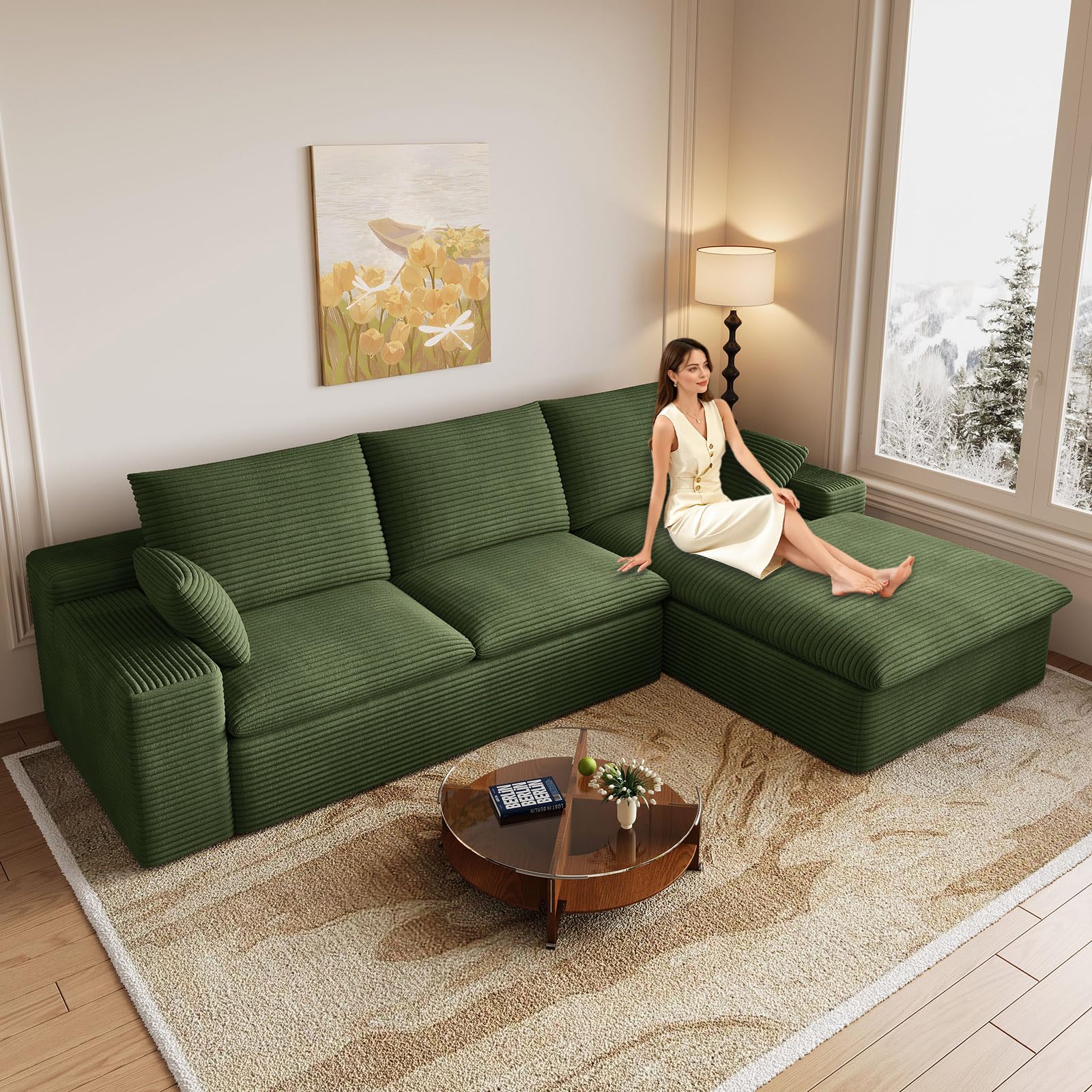 107" Cloud Couch Modular Sectional Sofa for Living Room, L-Shape Boneless Couch with Deep Seat, Modern Corduroy 3-Seater, No Assembly Required (Green,Right-Facing Chaise)