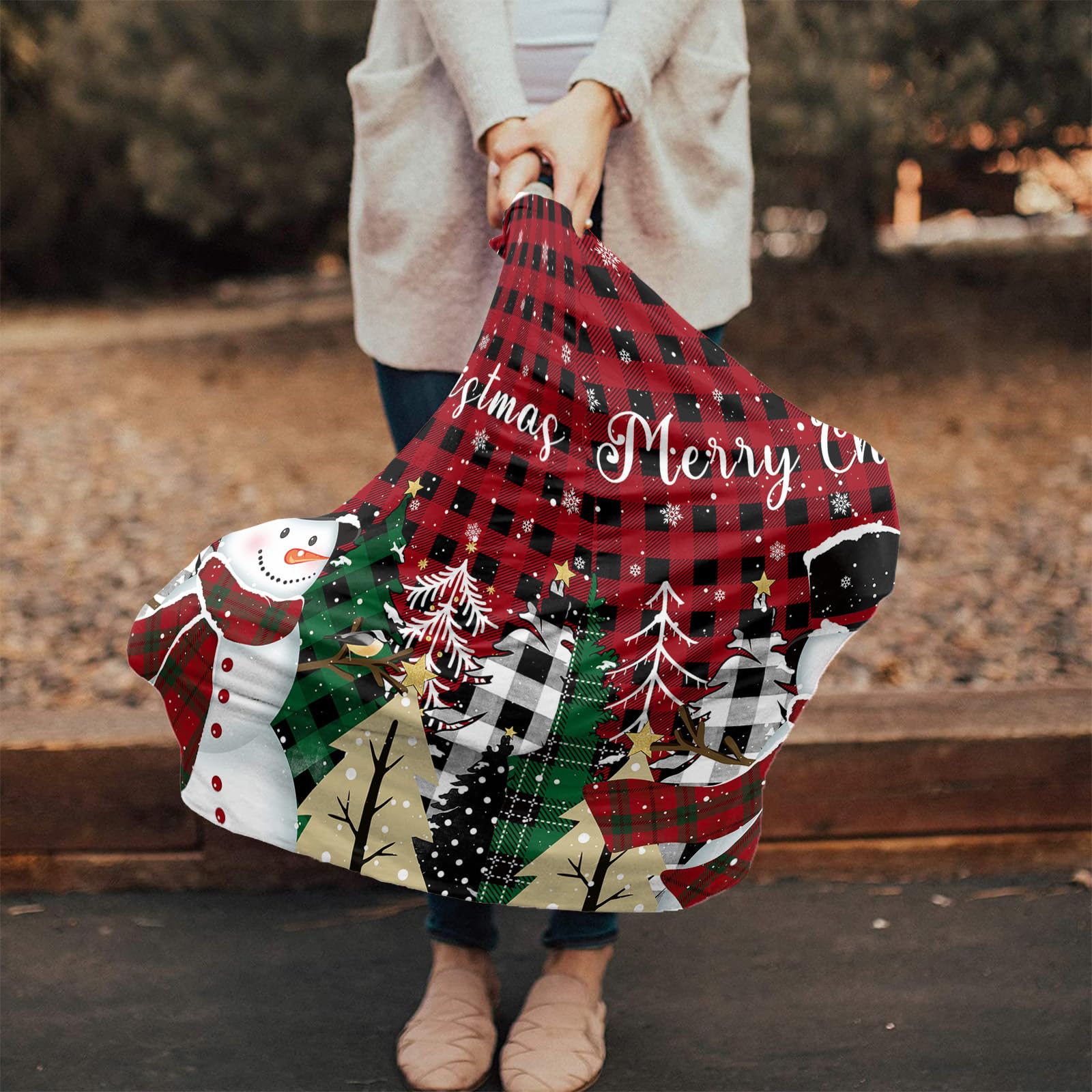 Nursing Cover for Breastfeeding Scarf, Red Buffalo Plaid Xmas Tree Snowman Snowflake Christmas Baby Car Covers Super Soft Multi Use for Canopy Shopping Cart Cover Blanket Stroller Cover