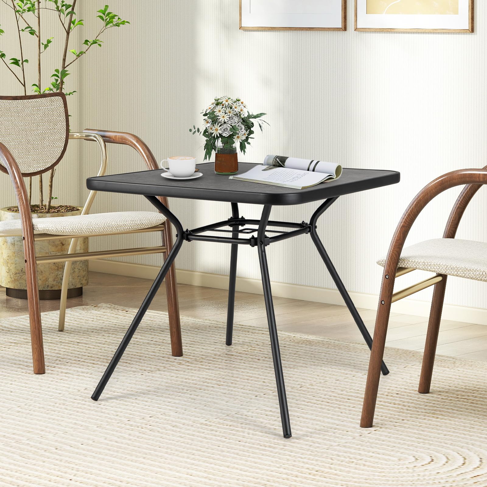 GIANTEX Table de Jardin Carrée, Plateau en SPC, Trou pour Parasol Ø 4 cm avec Couvercle, Pieds Réglable, Cadre en Métal Robuste, Charge 100 kg, Table Exterieur pour Jardin, Balcon, Terrasse, Noir