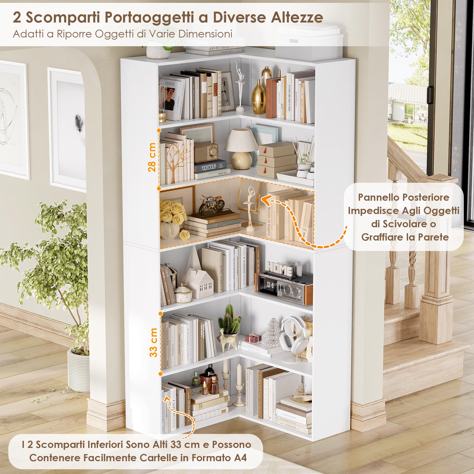 FirFurd 186,4cm Libreria Angolare a 6 Ripiani, Libreria da Parete, Bianco