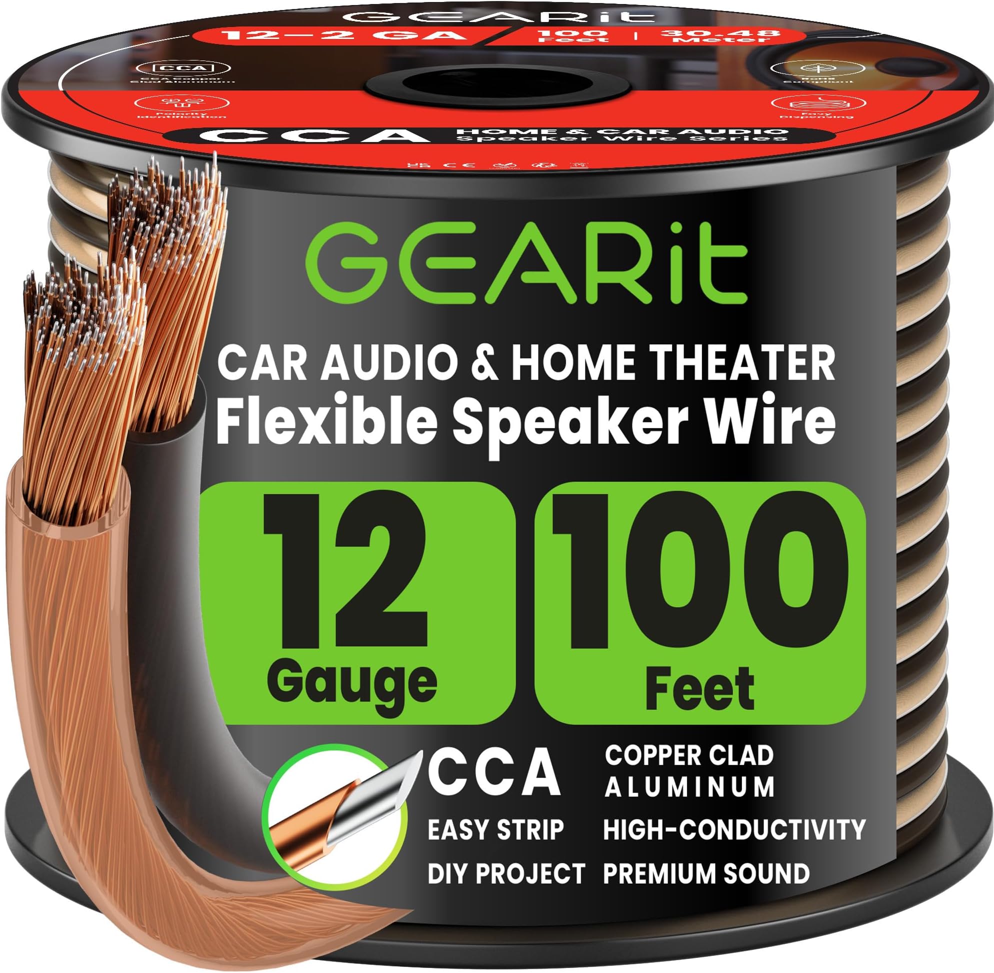 GEARit Pro Series 12 Gauge (2 x 4mm²) Speaker Wire Cable (30.4 Meters / 100 Feet/Black Clear) CCA HiFi Audio Speaker Cable Great Use for Car Audio and Home Theater Surround Sound Systems