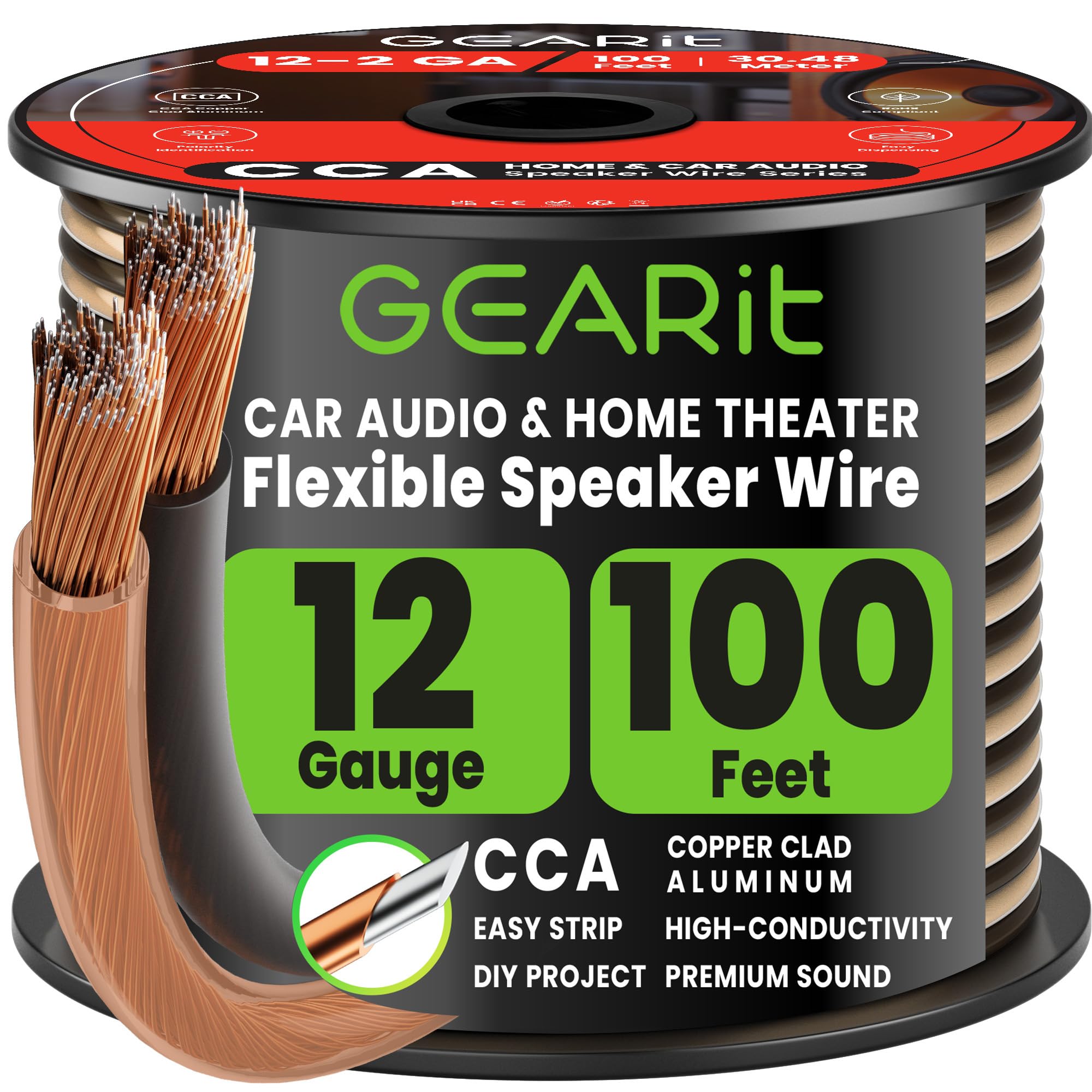GearIT Pro Series 12 Gauge (2 x 4mm²) Speaker Wire Cable (30.4 Meters / 100 Feet/Black Clear) CCA Hifi Audio Speaker Cable Great Use for Car Audio and Home Theater Surround Sound Systems