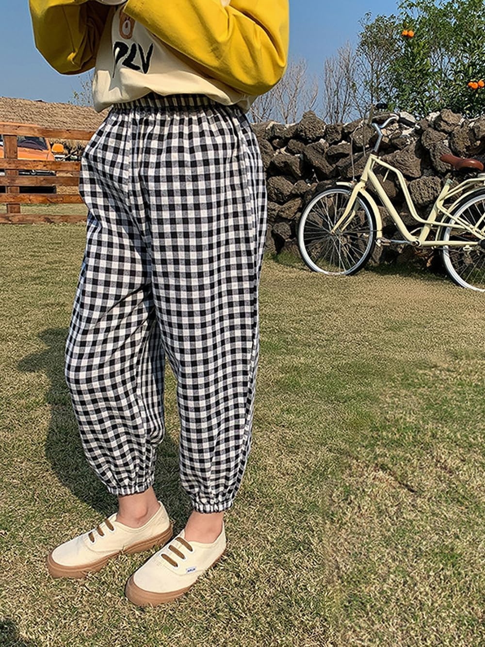 BINIDUCKLING Toddler Pull Up Loose Gingham Girls Pants