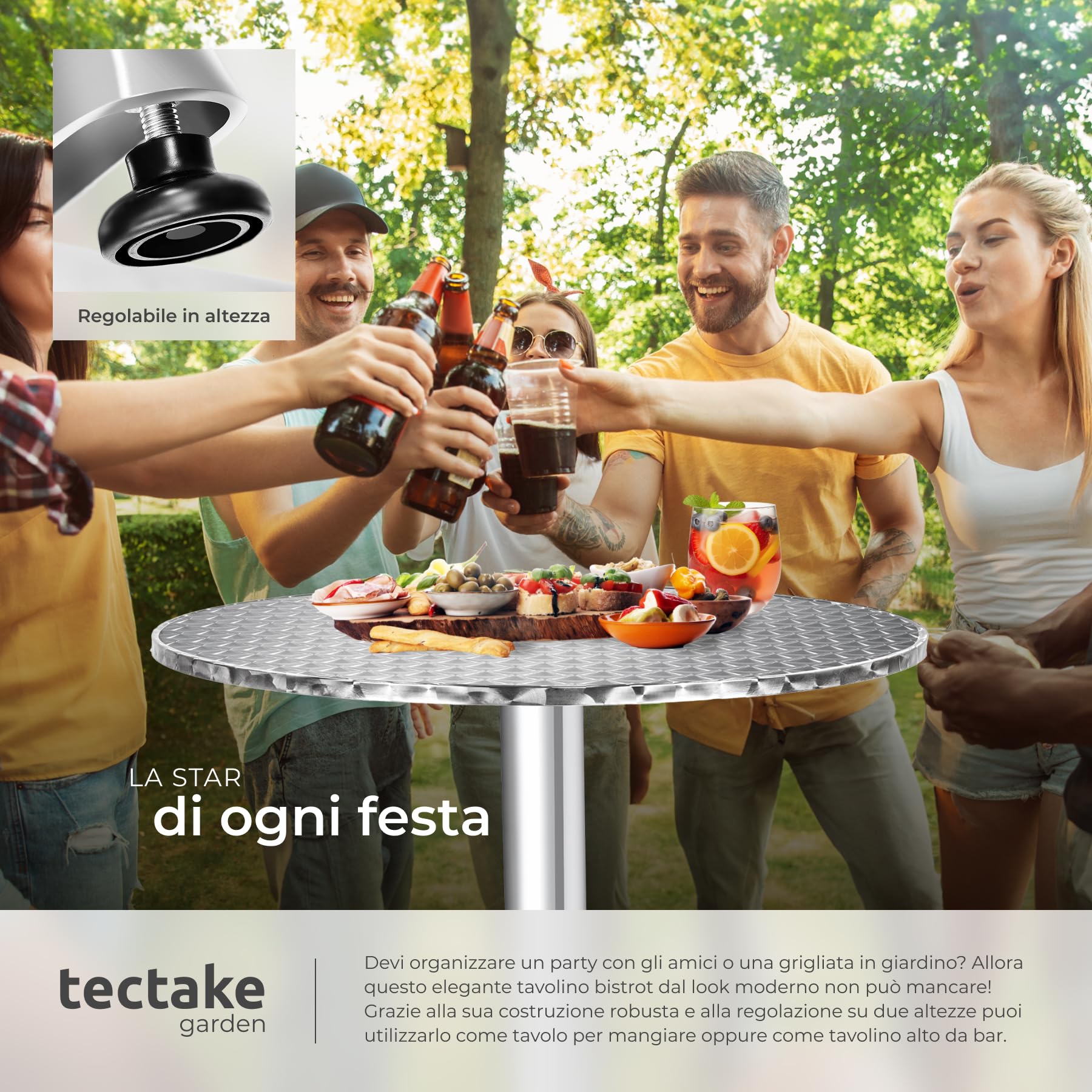 tectake® Tavolo da Bistrot, Alluminio Pieghevole, Altezza Regolabile 74/114 cm, Piano in Acciaio Inox Ø 60cm, Resistente agli Agenti Atmosferici, Perfetto per Esterni ed Interni - Frederic