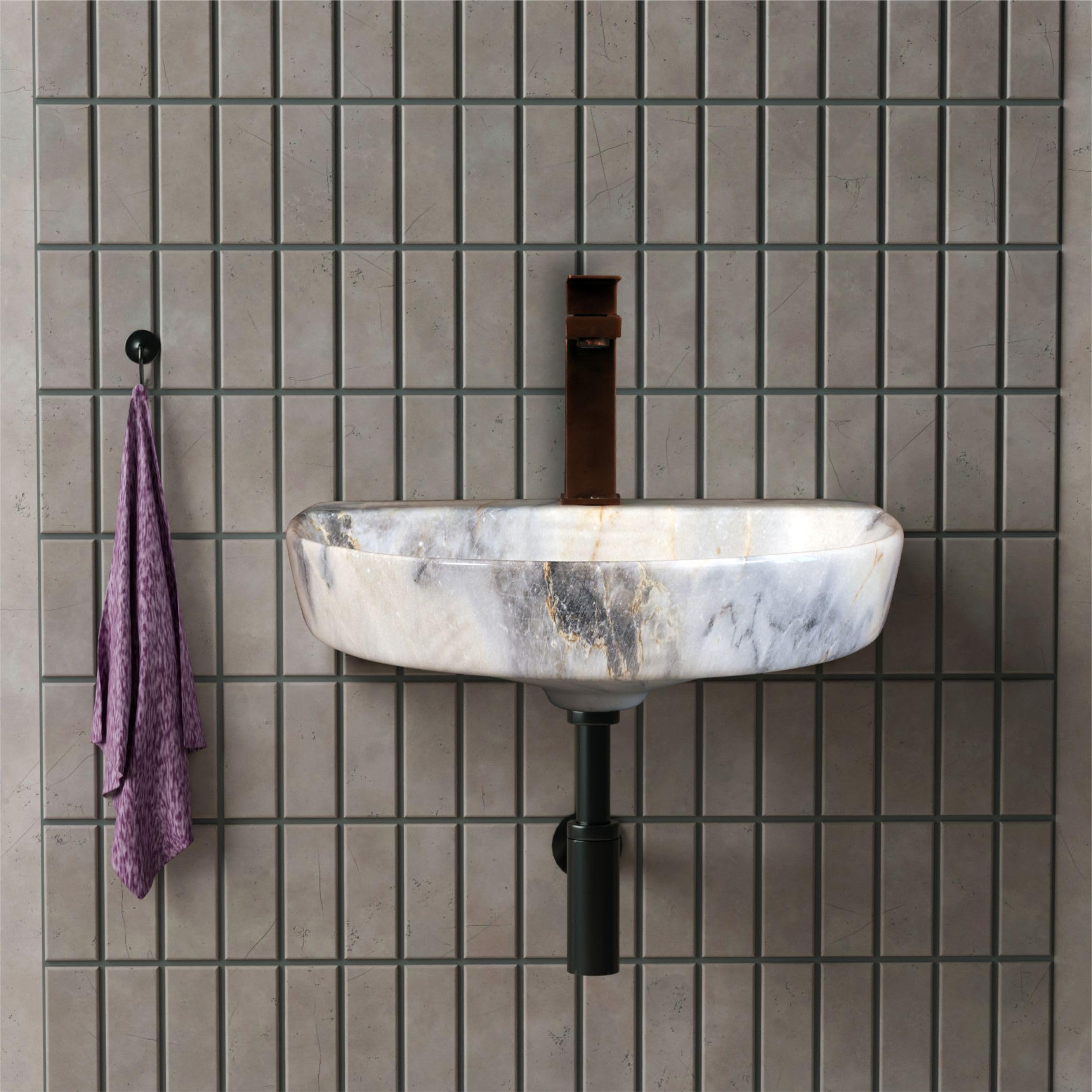 HISRE Wall Mount Wash Basin 18"x13"x5" | White Ceramic Sink with Blue and Golden Marble Pattern | Compact Rectangular Bathroom Basin for Modern Home & Office Décor, photo 3 of 5