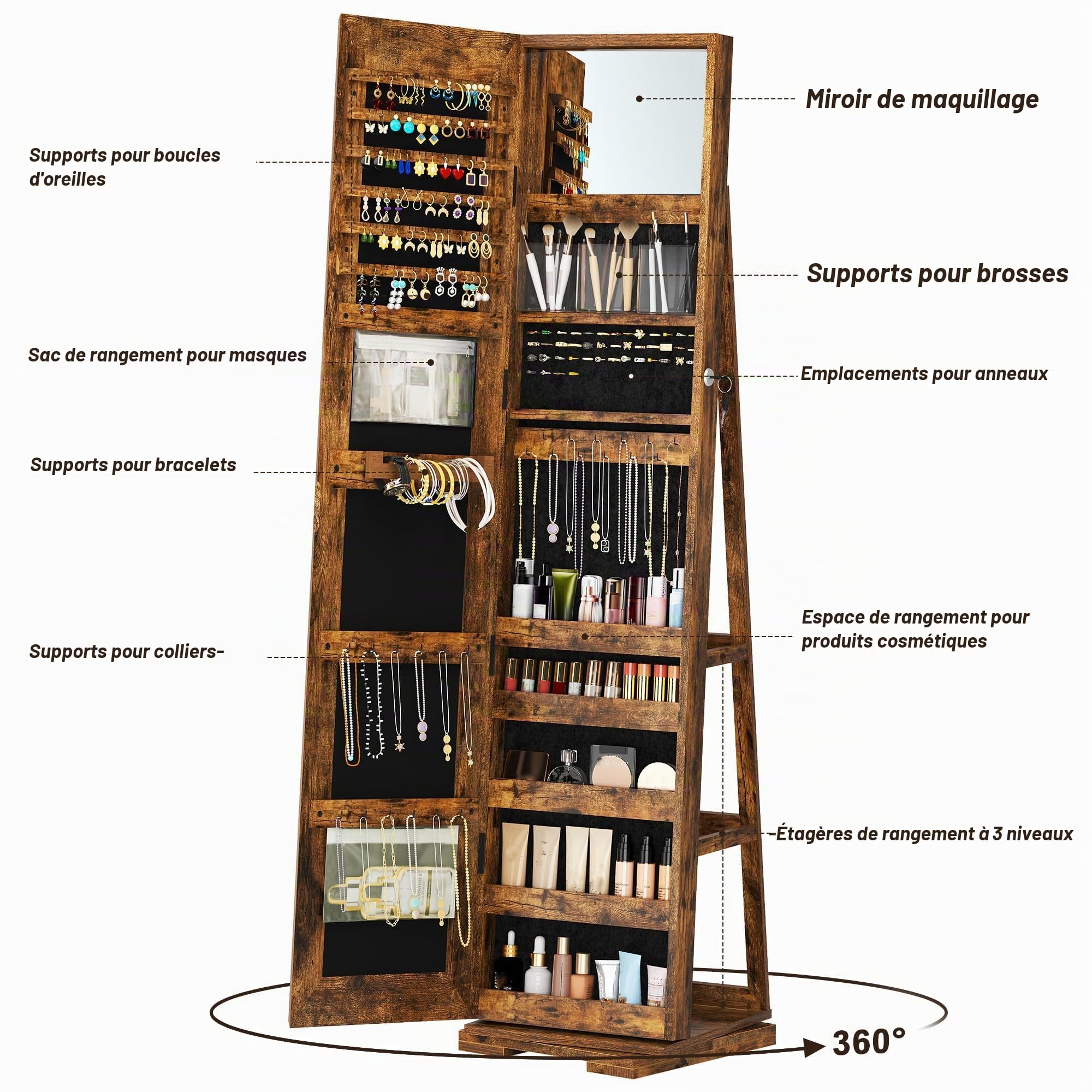 SogesPower Armoire à Bijoux avec Miroir Pivotant 360° et Verrou - Organisateur Multifonction pour Bagues, Colliers & Cosméticos - Idée Cadeau Élégante (Anniversaire, Mariage, Noël) - Vintage