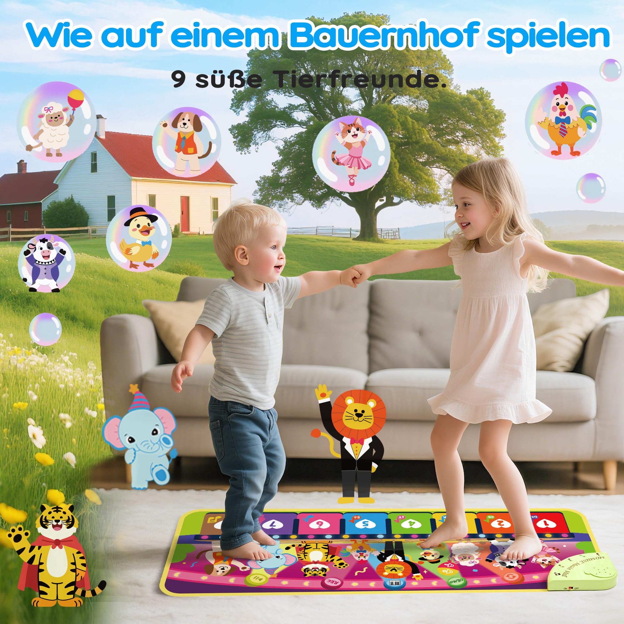 MOMUSE 5-Sprachen Musikmatte (DE/FR/IT/ES/EN), Baby Spielzeug ab 1 Jahr, Multilinguale Klaviermatte mit 9 Tieren, Tragbar, Leicht, Weihnachts-/Geburtstagsgeschenk für Kinder 1 2 3 4 Jahre