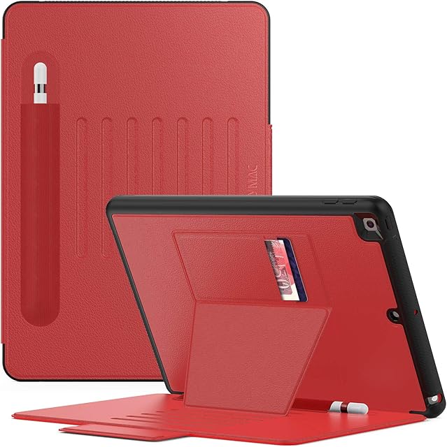 SEYMAC iPad 10.2 Inch 2020/2019 Case, iPad 8th/7th Generation Cover, Slim Shockproof Case with 7 Angles Robust Magnetic Stand, 2 Card Slots, Pencil Holder, Auto Sleep/Wake Function for iPad 9 Gen -Red
