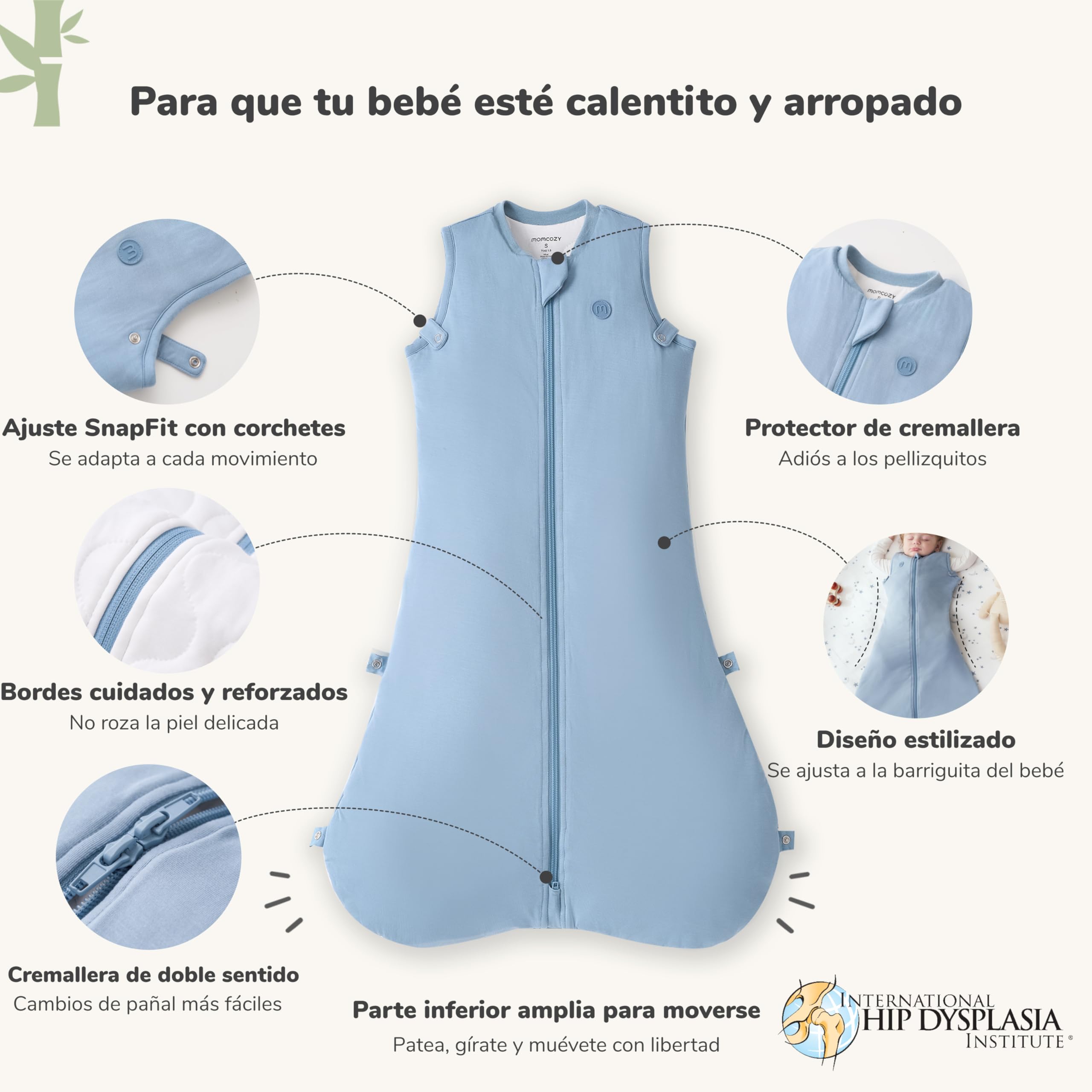 momcozy Saco de Dormir bebé 1.5 TOG de bambú, diseño Saludable para la Cadera (IHDI), Cremallera Doble para Cambio fácil, Ajuste SnapFit, Suave y Transpirable, 0–24 Meses