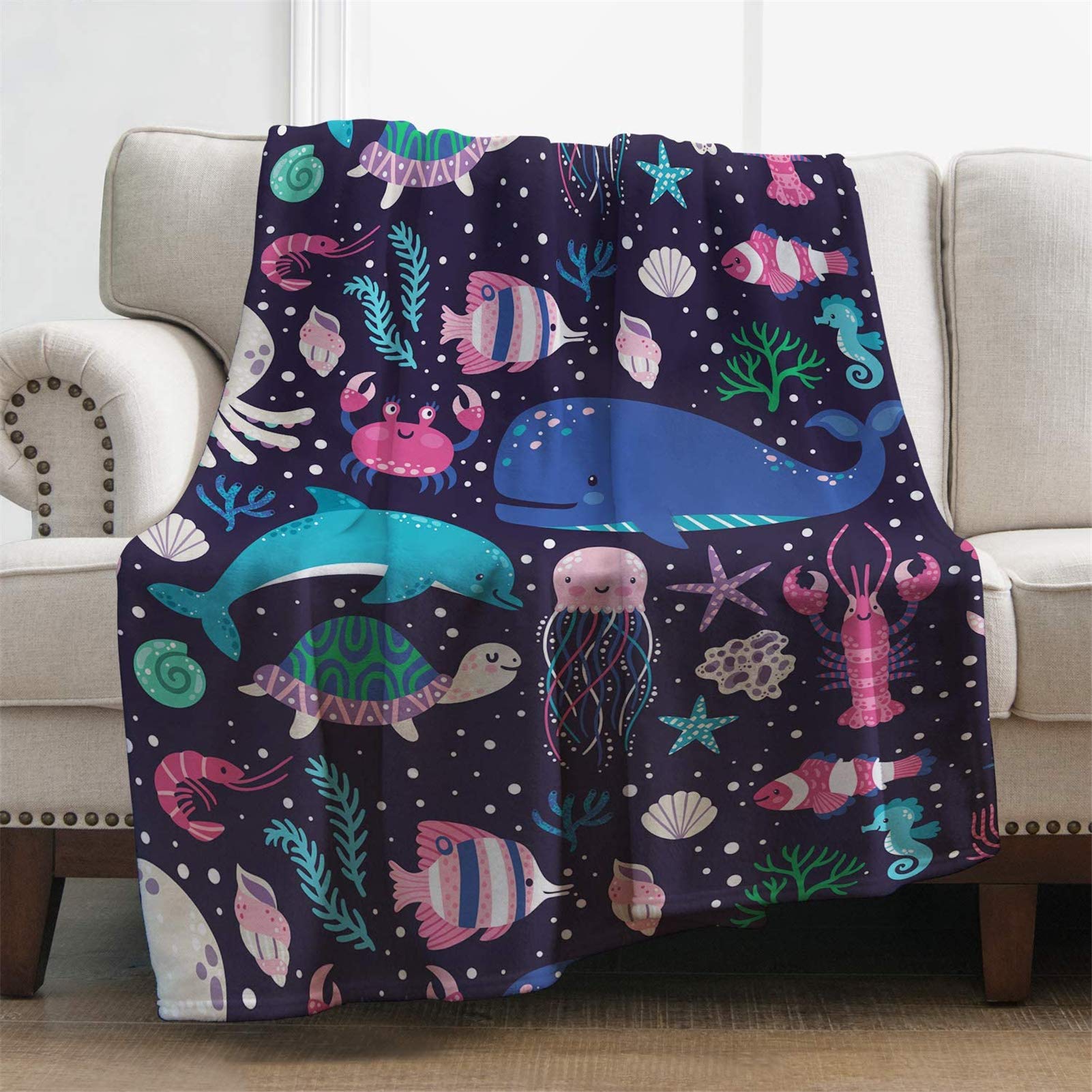 HUGS IDEA Flannel Sherpa Throw - Underwater Throw Blanket Ocean Animal Starfish Dolphin Turtle Sherpa Fleece Throw Blanket, Soft, Plush, Fluffy, Warm, Cozy – Super Soft Warm Plush - 3XL — image 1
