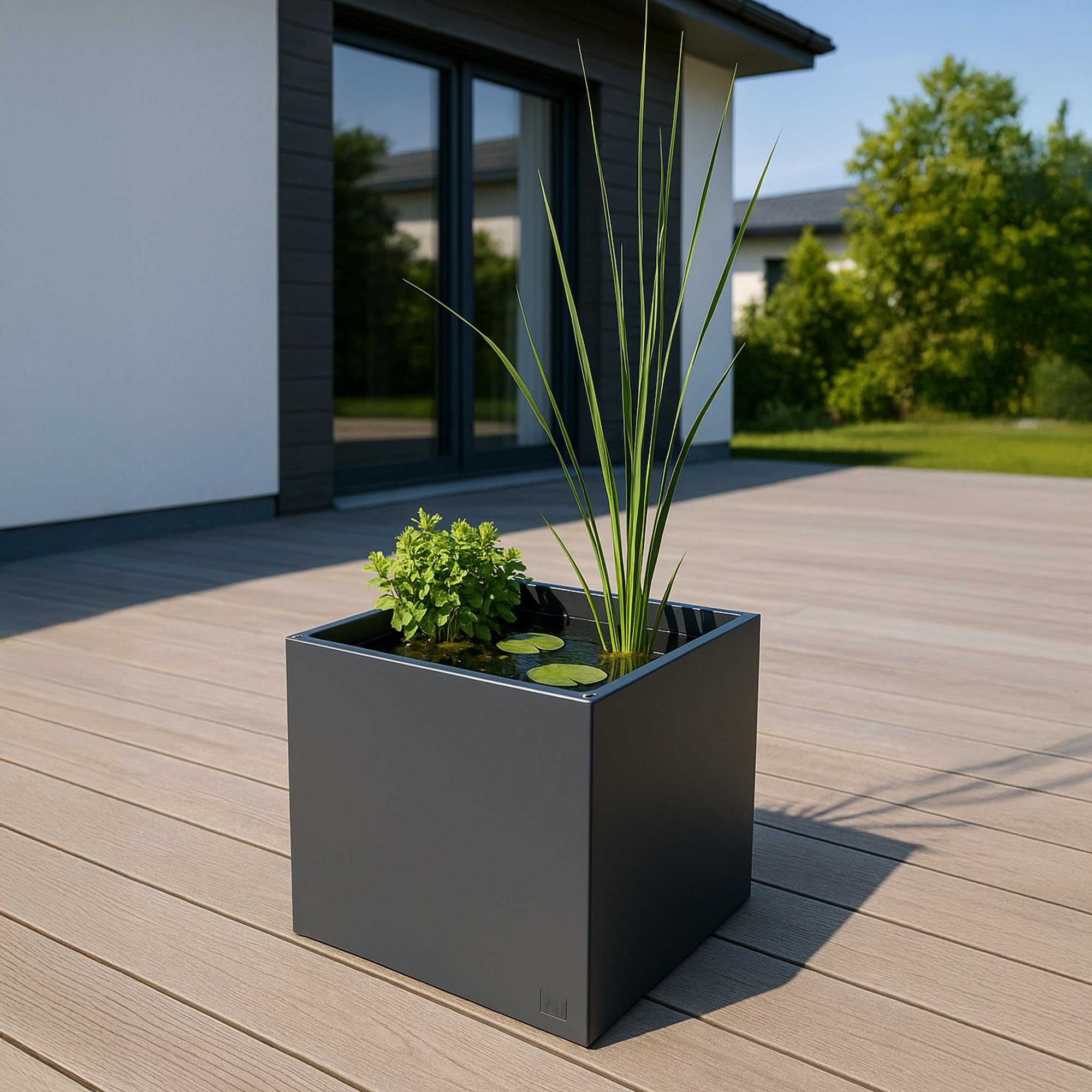 UNUS Pflanzkübel anthrazit aus Metall 1,5mm stark in inklusive Teichfolieneinsatz wetterfest 80x80x40cm
