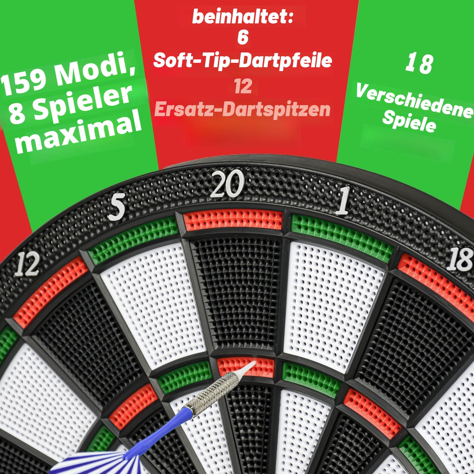Elektronische Dartscheiben für Erwachsene und Kinder mit digitaler LED-Punkteanzeige und Soft-Tip-Dart-Spitzen, automatisches elektronisches Punktespiel mit 28 Spielen, 159 Modi, geeignet
