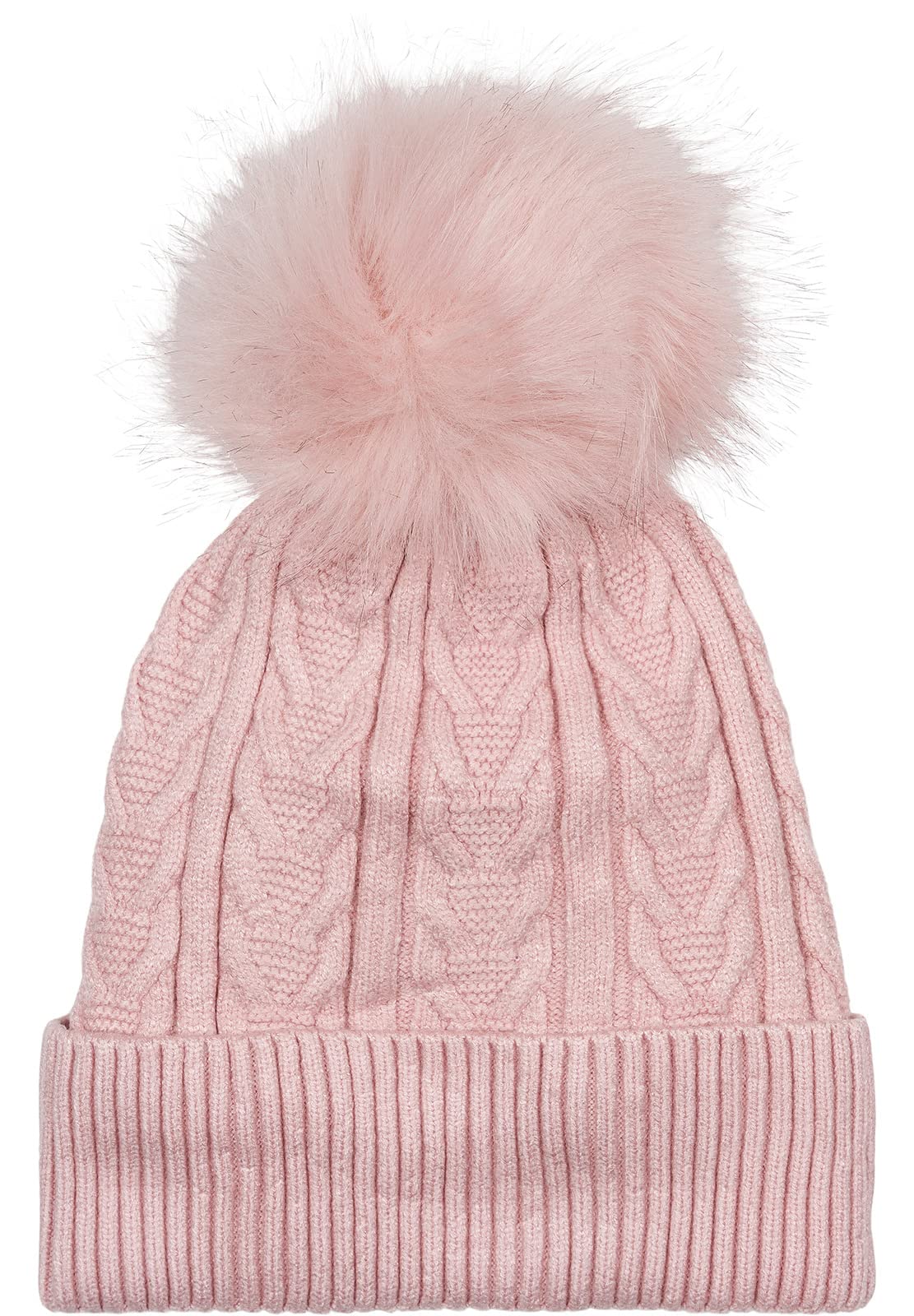 styleBREAKER Women's fine Knit pom pom Beanie with Cable Pattern, Faux Fur pom Beanie, Lined Winter Knit Beanie 04024100, Colour:Rose
