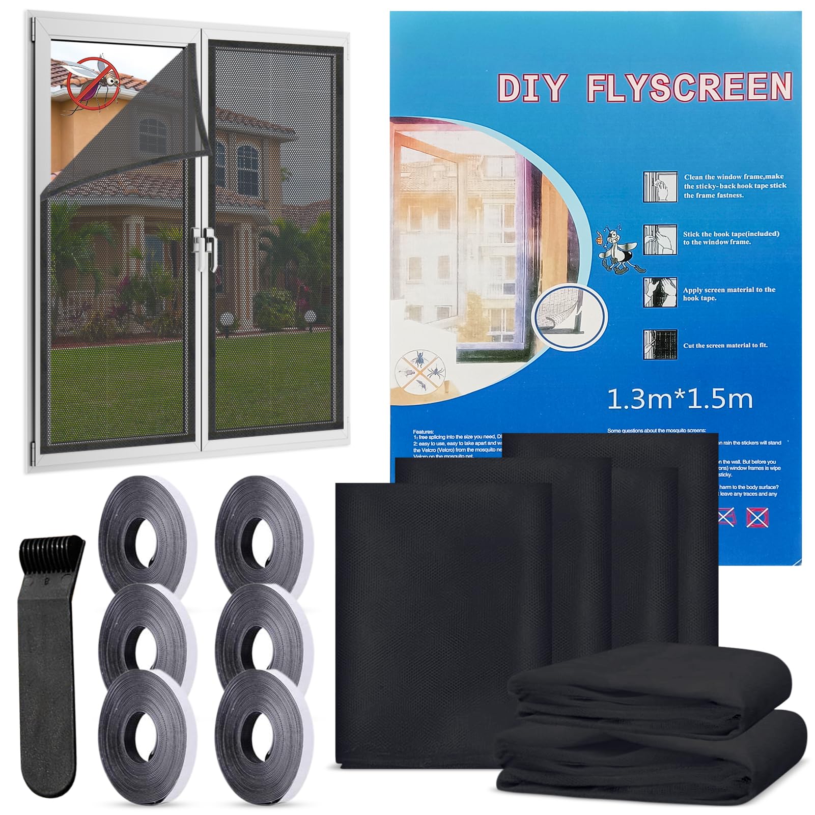 6 Stück Fliegengitter für Fenster, 130 x 150cm Selbstklebendes Moskitonetze für Fenster mit Klebeband, Handbuch und Presswerkzeug, Moskitonetze für Fenster Schützen die Familie vor Insekten