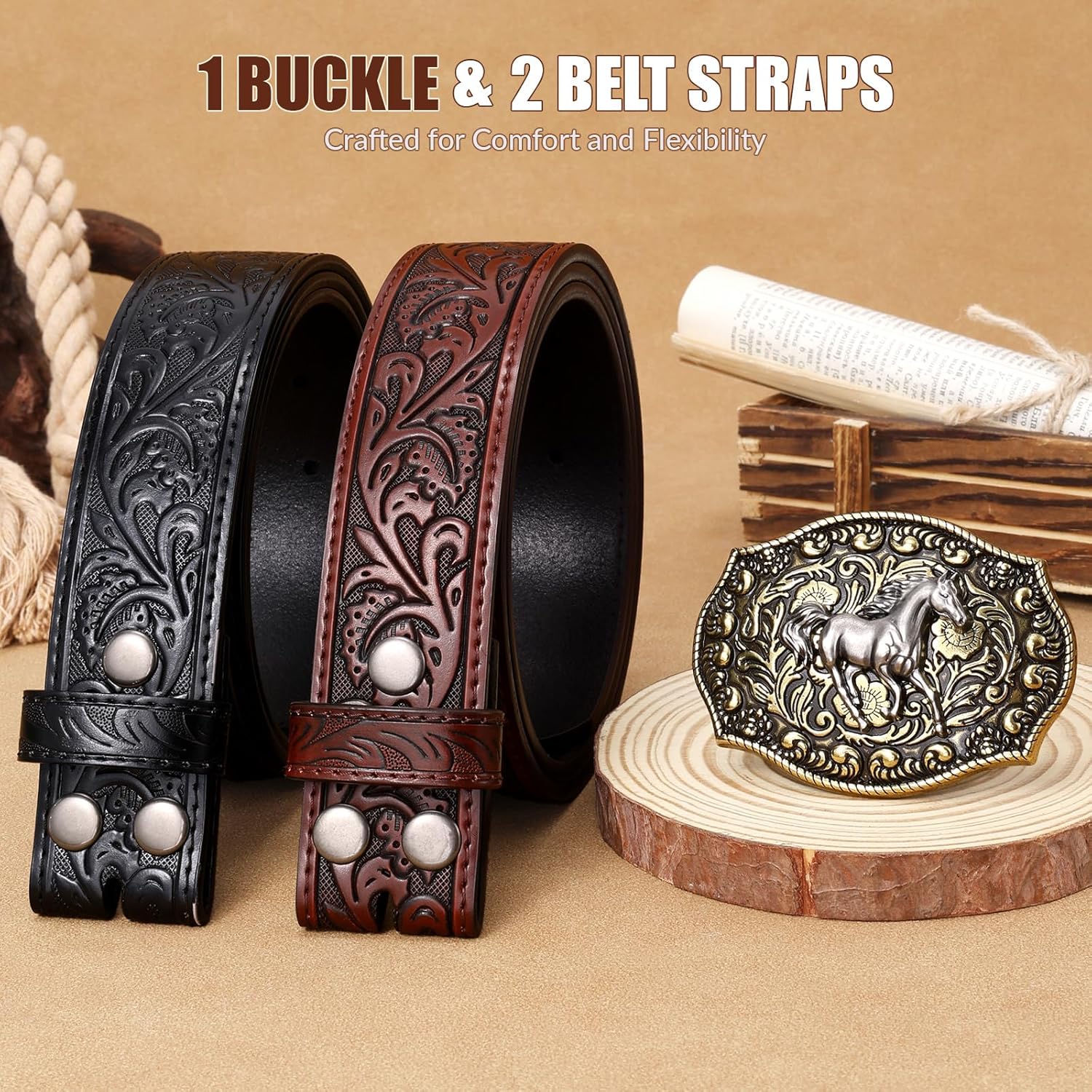 BELTROAD Cowboy Belts for Men Women Western Leather Buckle Belt Set Cowgirl Country Belt for Jeans Retro Christmas Gift Belt - Image 2