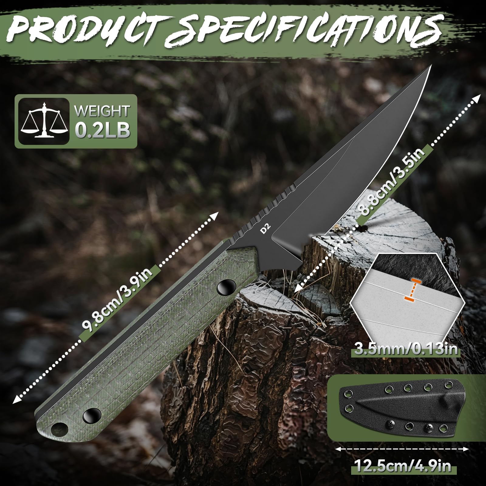 Purple Dragon Outdoor Messer D2 Stahl Klinge und Grün G10 Griff | Feststehendes Messer Full Tang Survival Messer mit Kydex-Scheide für Camping & Bushcraft - Leichtes Geschenk für Männer