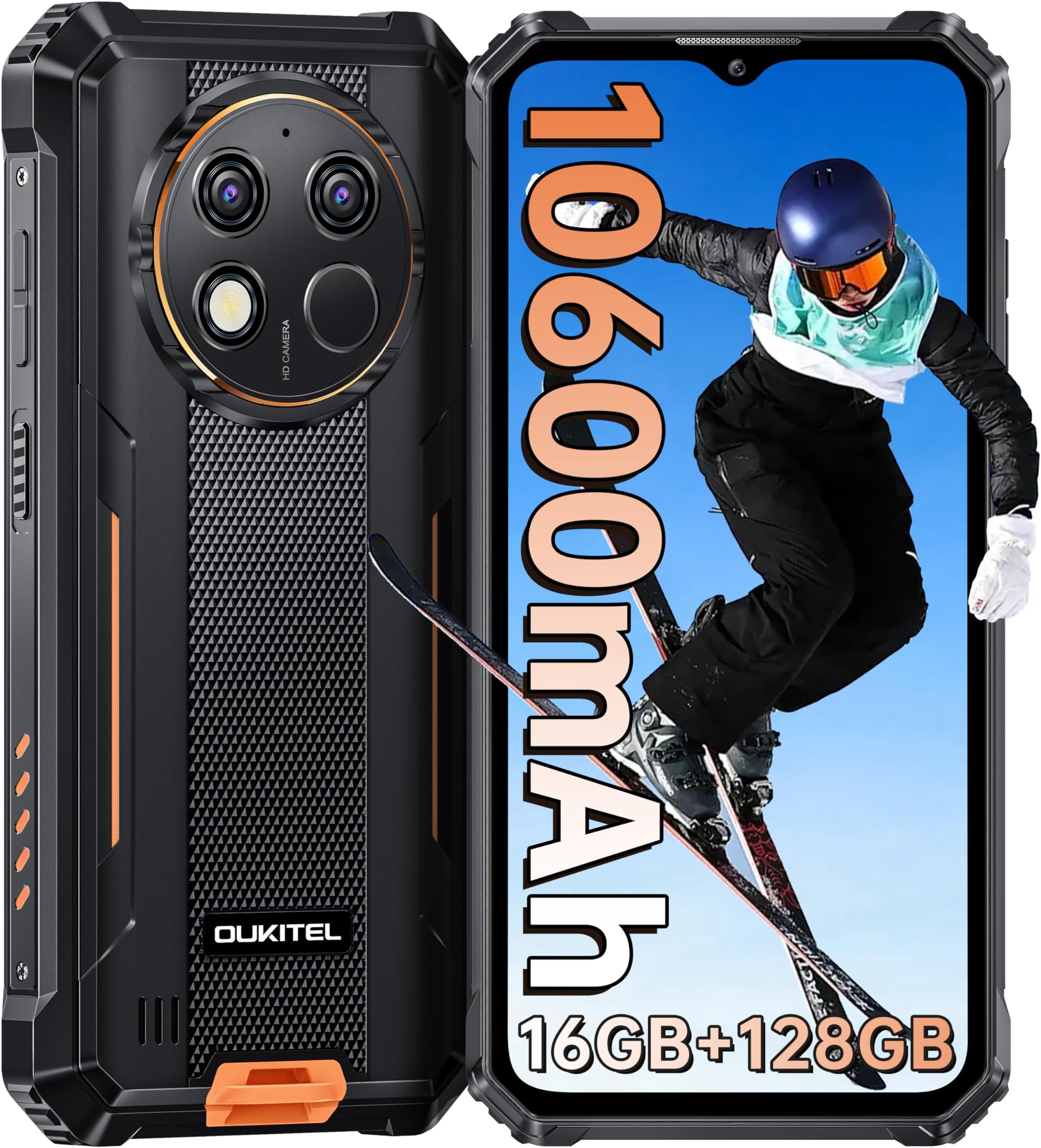 OUKITEL WP28S Android 14 Rugged Smartphone - 16GB RAM+128GB ROM Rugged Phone,10600mAh IP68 Waterproof Mobile Phones,Octa-Core 6.52" FHD+,Dual SIM 4G,13MP+5MP Camera,NFC,OTG,GPS,Fingerprint,Orange