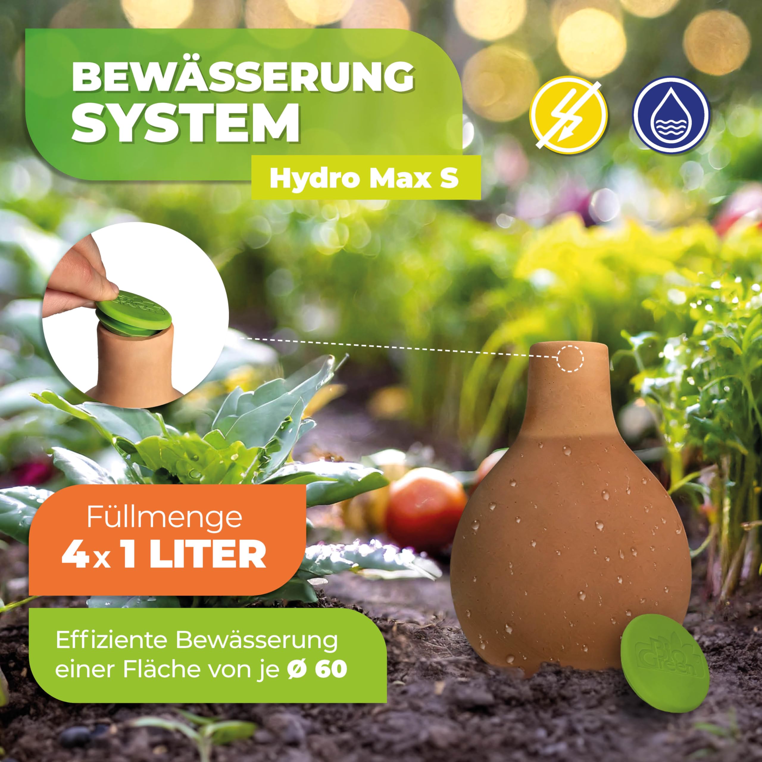 BioGreen Olla - Irrigazione automatica per piante HYDRO MAX | set da 4 | 1 l | Ø 60 cm | irrigazione automatica per piante | vaso di terracotta | sfera di irrigazione