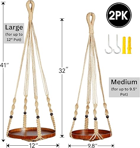 Miniatura 3 de Paquete de 2 colgadores de macramé para plantas, colgador de plantas para interiores, estante colgante para macetas, maceta colgante (yute) (1