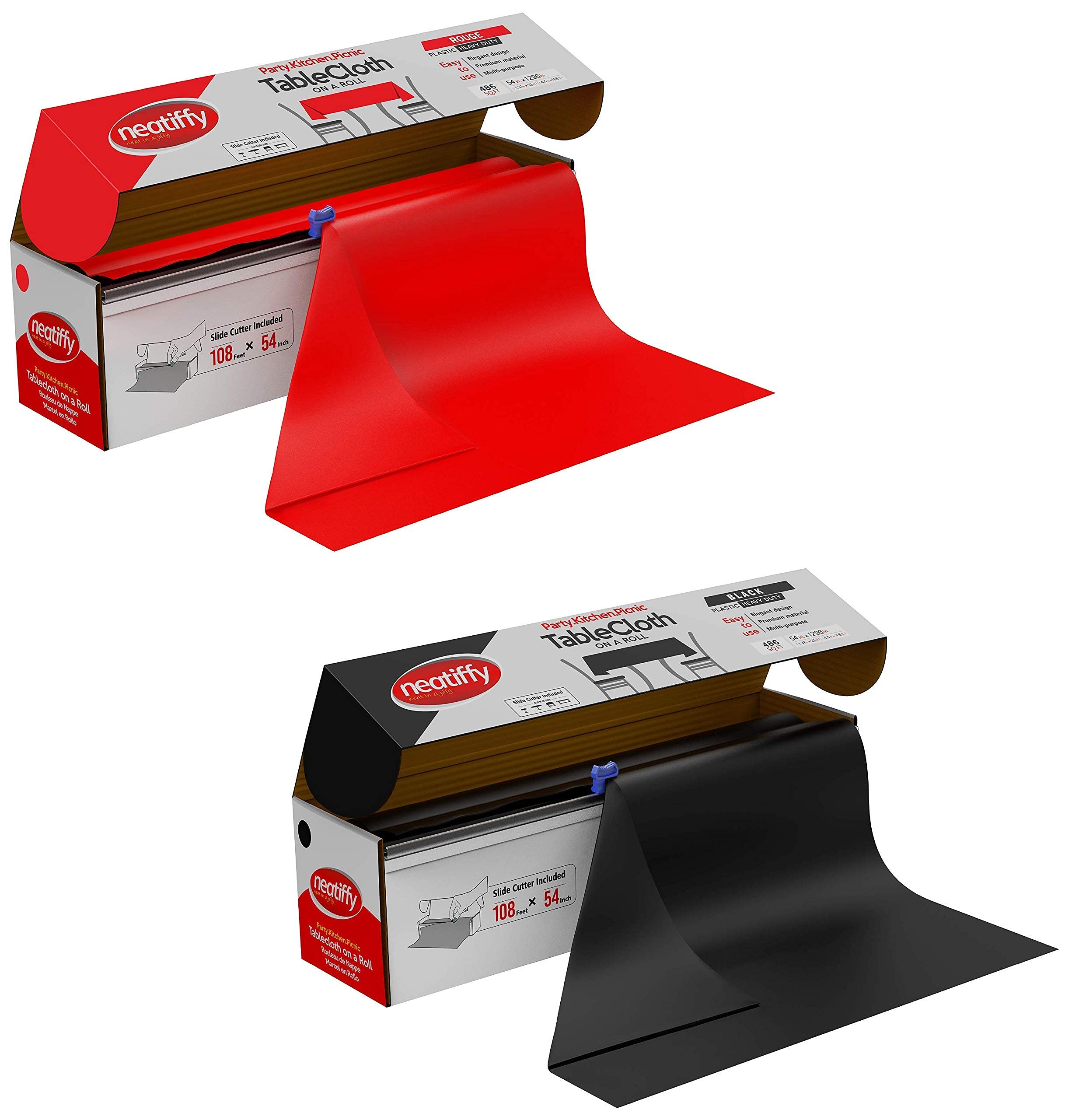 NeatiffyDisposable Plastic Table Cloth Roll | 54 in x 108 Ft Waterproof Tablecloth | Table Cover for Rectangle, Square, Round Oval Tables | Picnic, Party, Banquet- Red, Black