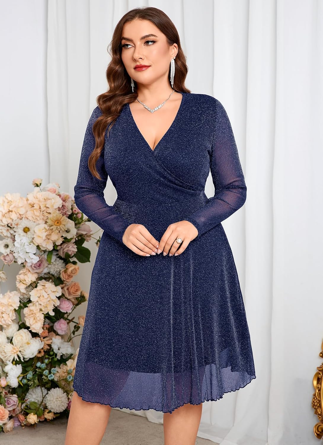 ZOMVA Plus Size Sparkly Mesh Dress A Line V Neck Wrap Short Glitter Dresses Wedding Guest Cocktail Evening Party - Image 6