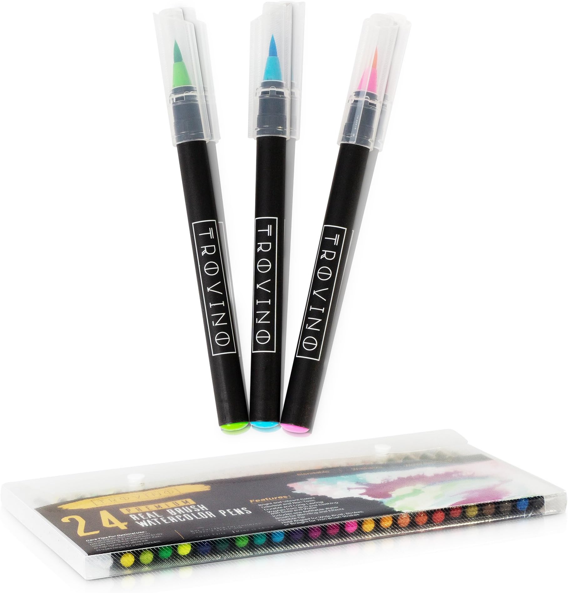 Real Brush Pens, 24 Paint Markers with Flexible Brush Tips + Bonus Water Brush, Professional Watercolor Pens for Painting, Drawing, Coloring & More, 100% Nontoxic, 24 Vivid Colors