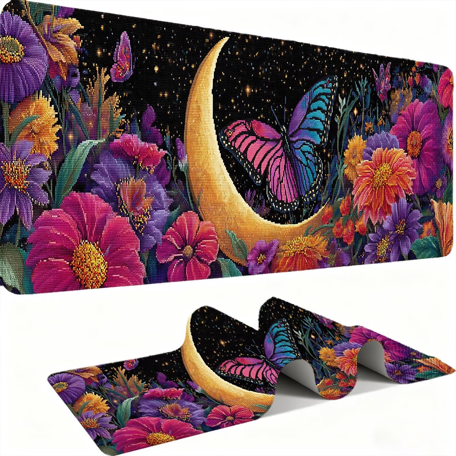 Tapis de Souris XXL 1500x800mm Desk Mat, Large Tapis de Bureau Multifonctionnel et Etendu, Protection Bureau avec Base Anti-Dérapage, pour Tous Types de Souris Gaming - La Lune des Papillons C0P-846