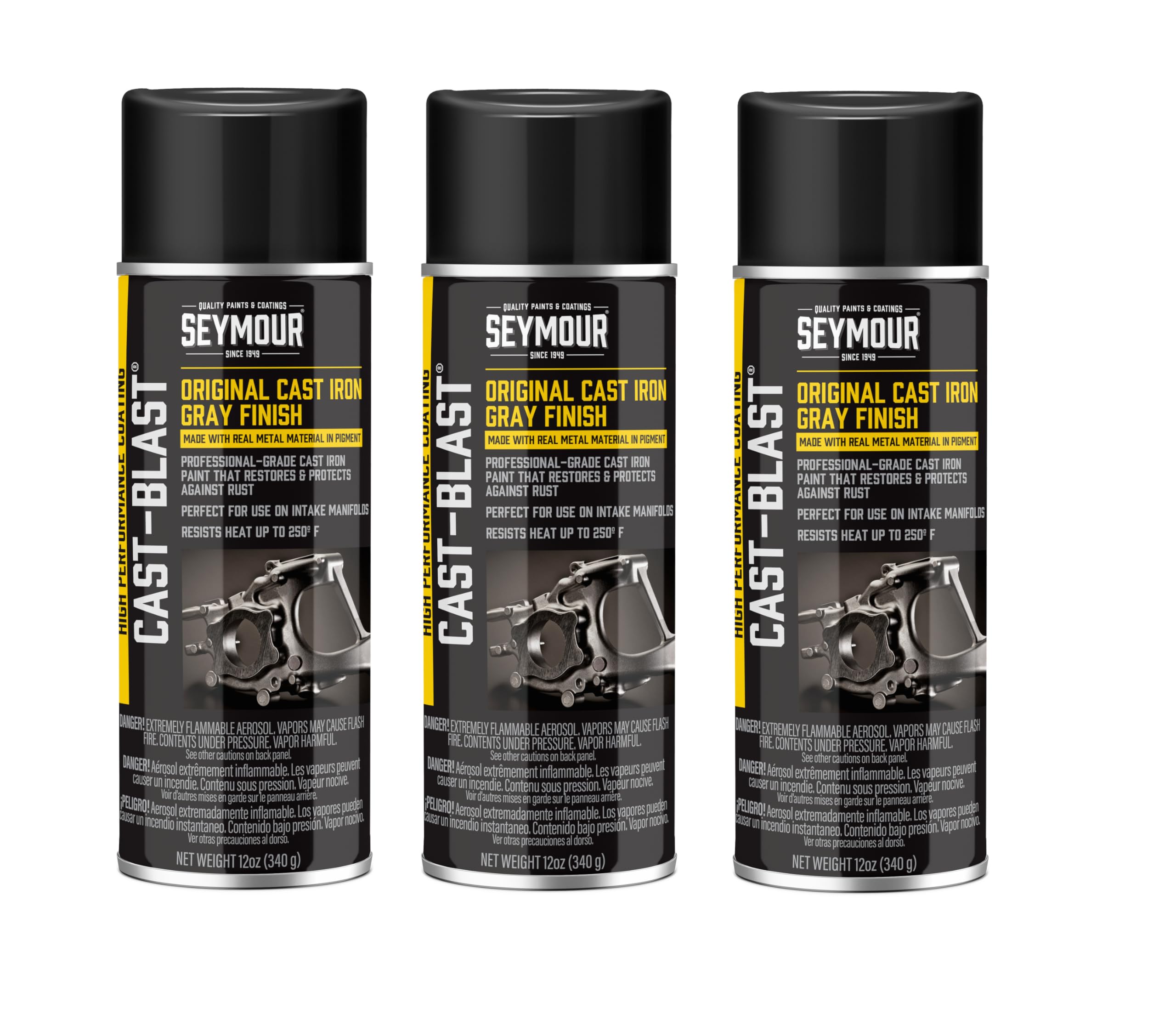 16-48 Seymour Cast-Blast Automotive Cast Iron Spray Paint (12 oz, 3-Pack / 36 oz Total) | Heat-Resistant Cast Iron Coating with Metal Paste for Engine