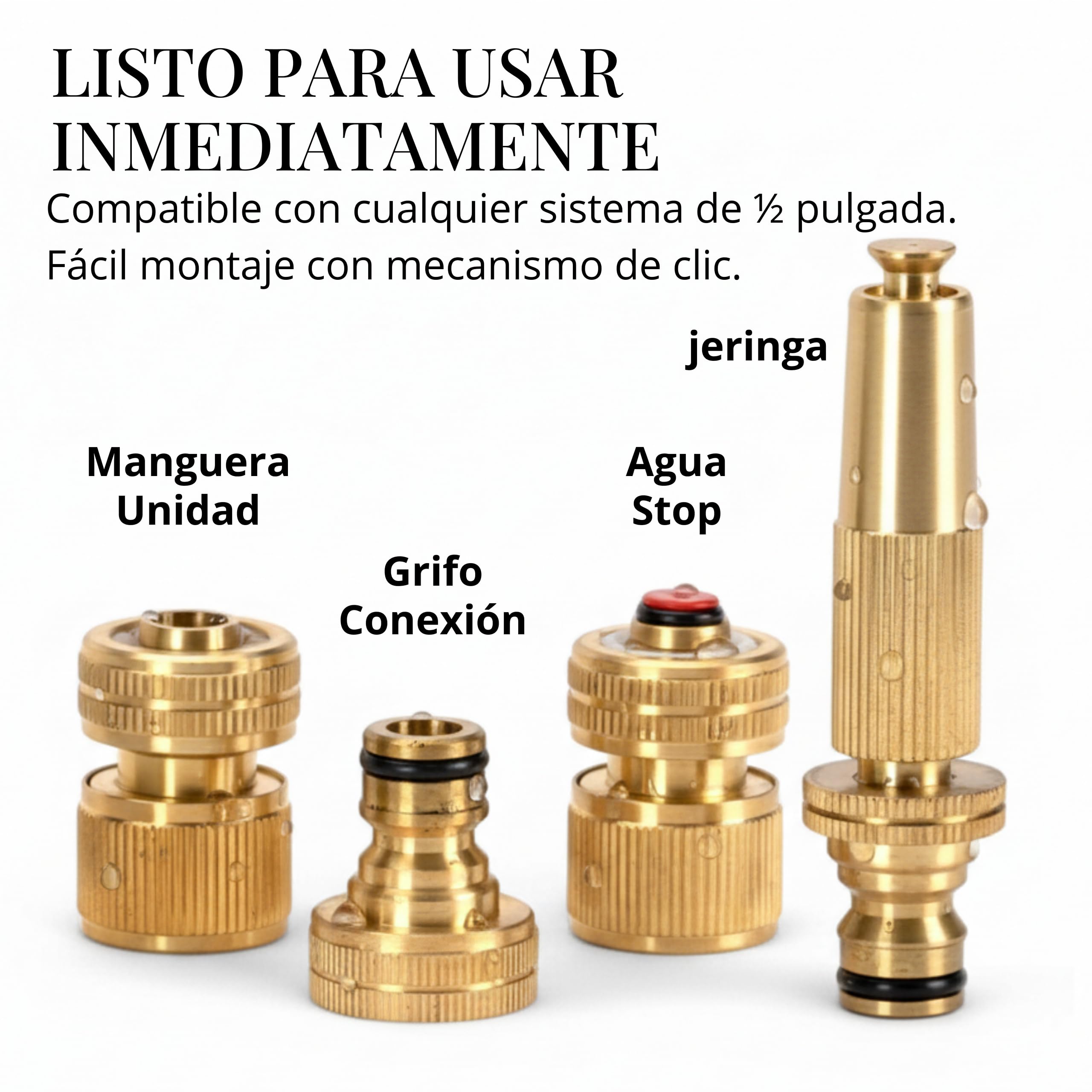 LIVLIG Juego de Accesorios de Latón para Rociador de Jardín, Manguera 1/2" 13 mm, Tope de Agua, Conexión de Grifo, Goldie