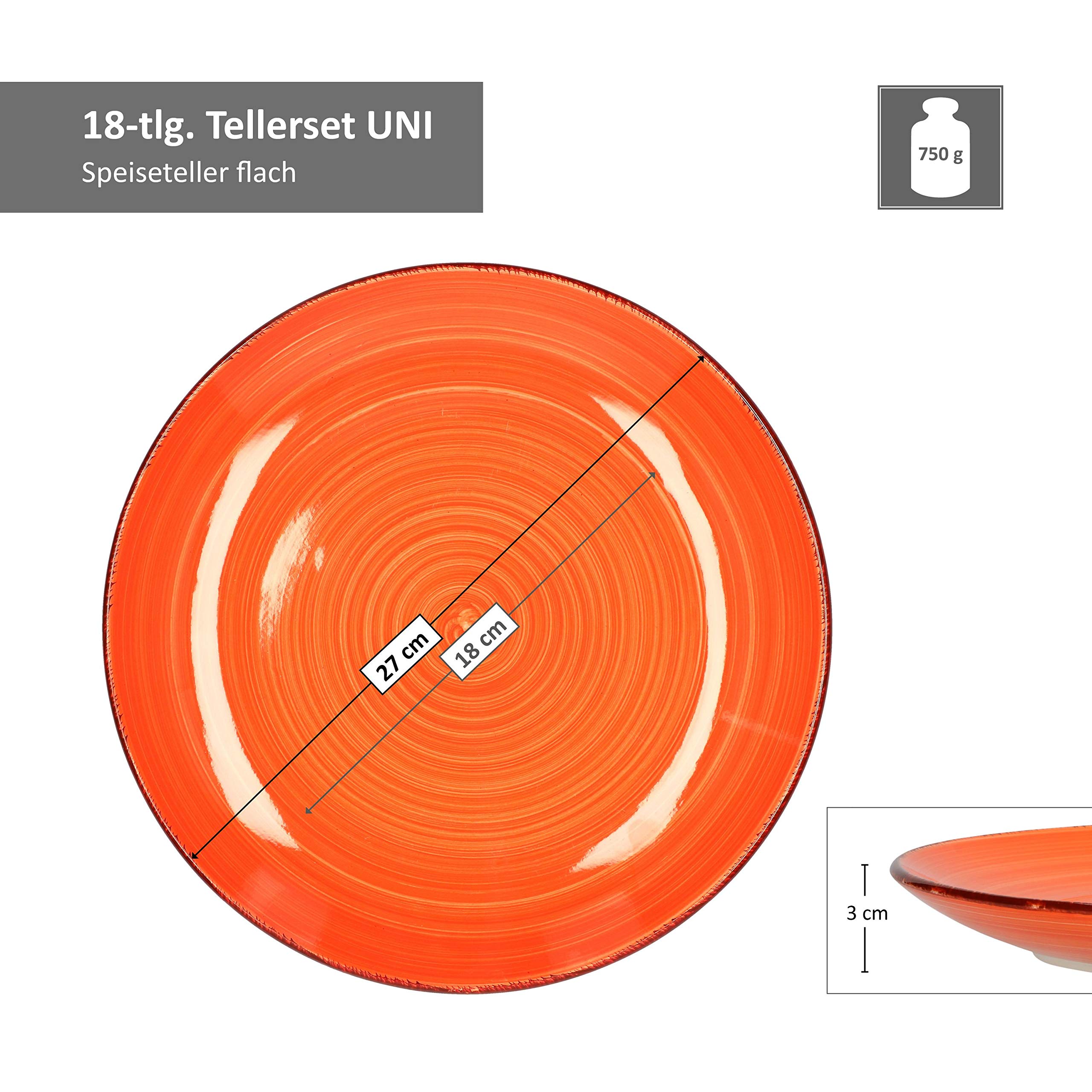 MamboCat 18tlg. Teller-Set uni bunt | Edles Steingut-Geschirr | Speiseteller + Suppenteller 750 ml + Kuchenteller | 6 Farben | mediterran
