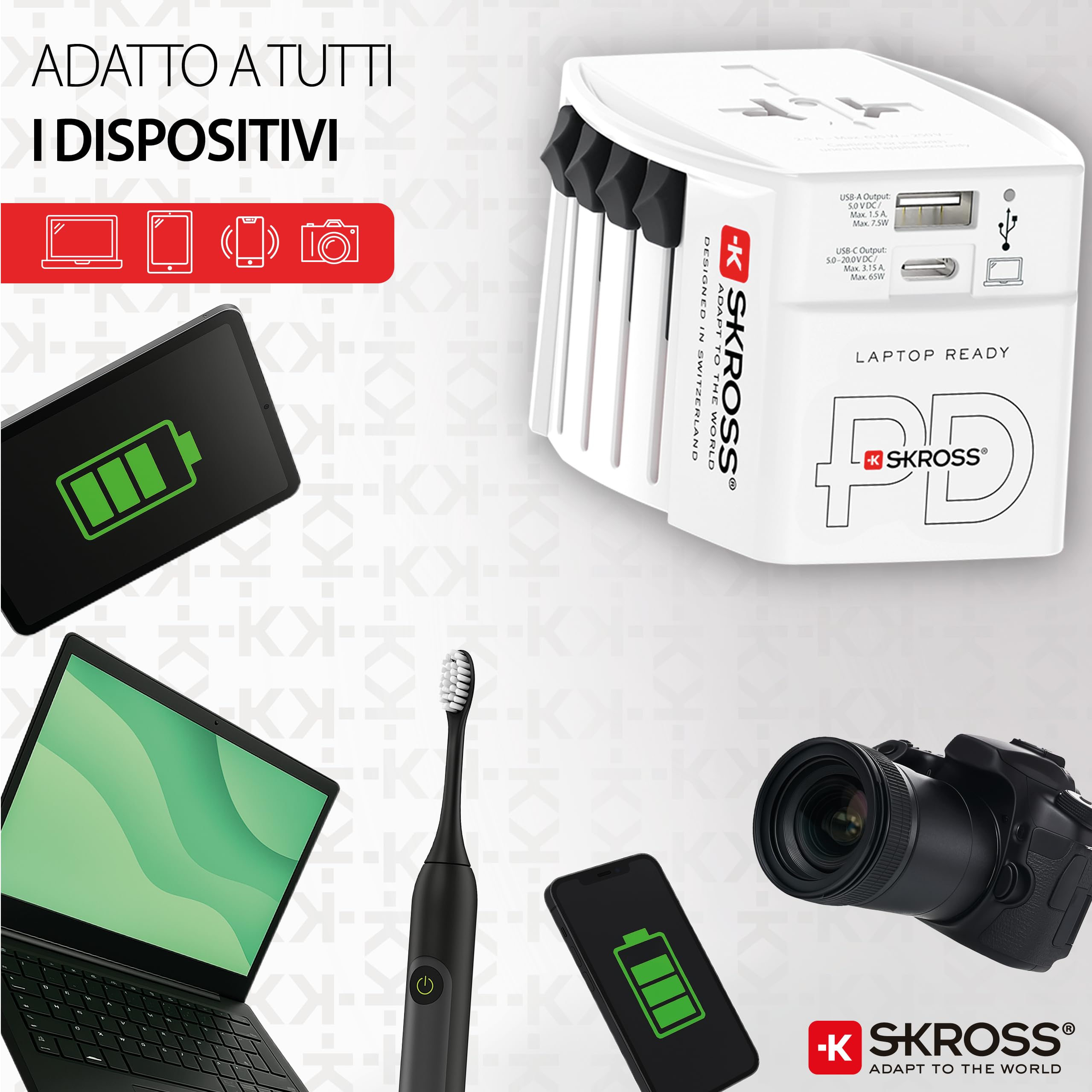 SKROSS -MUV USB AC65PD con cavo USB-C (160 cm) - Adattatore da viaggio universale a 2 poli + 1 USB C e 1 USB 65 W - Tensione e potenza: 100 V - 250 W/250 V - 625 W per laptop, tablet e smartphone