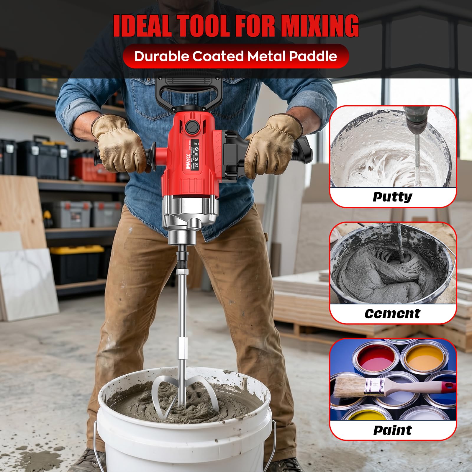 IMAYCC Juego de agitador de perforación 2 en 1, mezclador de hormigón portátil de 2500 W, 15 A, para taladrar y mezclar, velocidad variable, ideal para piensos, yeso, pintura, cemento (rojo-negro)