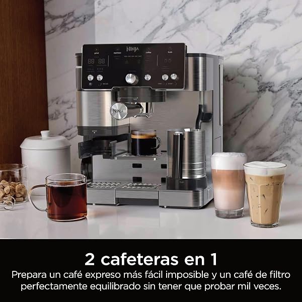Ninja Luxe Essential Cafetera 2 en 1 para latte, cappuccino y espresso con molinillo y espumador de leche integrados, fácil de usar y 2 preajustes automáticos de espuma, plata, ES501EU - 2