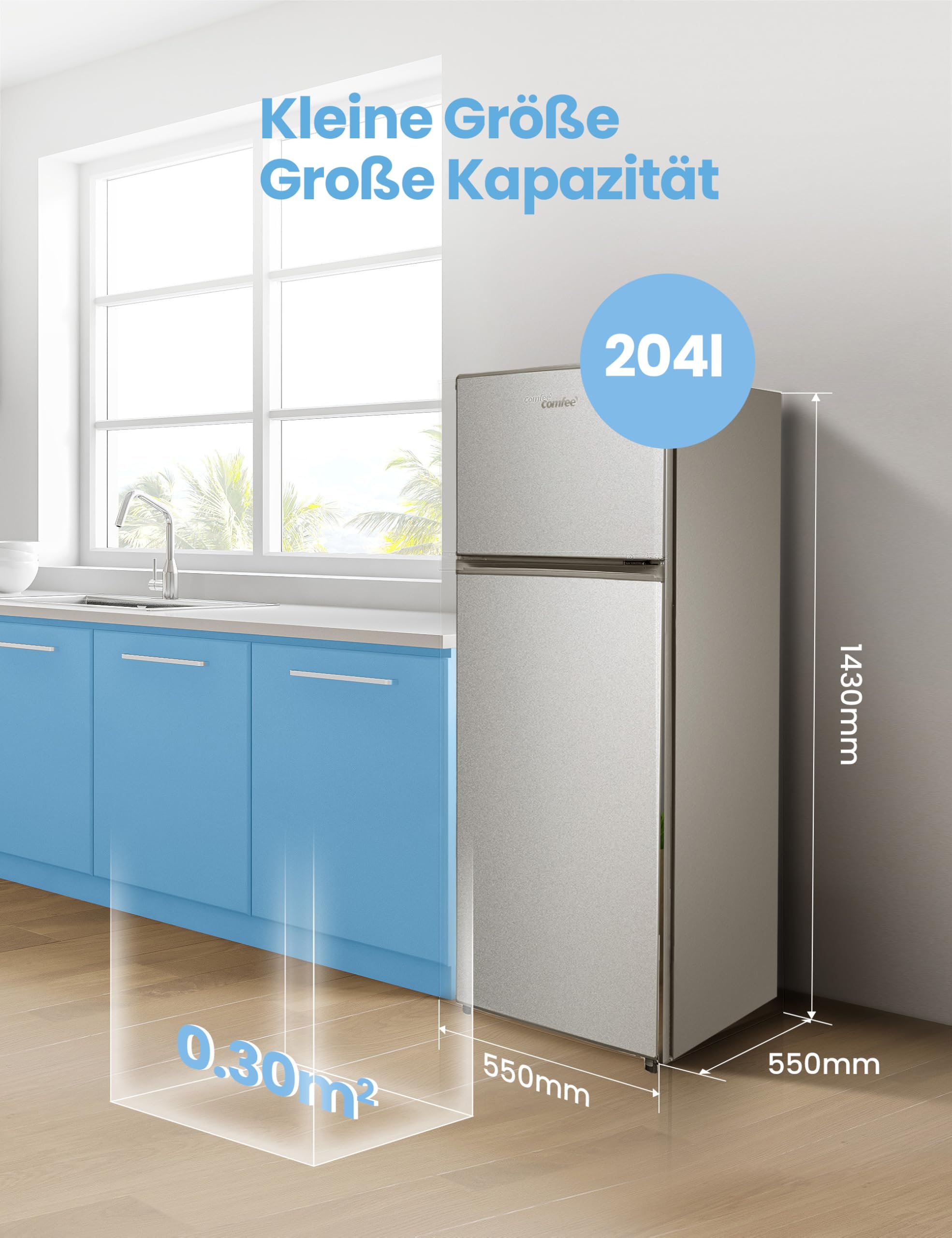 Comfee RCT284DS2 Kühl-Gefrierkombination 176 kWh/Jahr 143 cm Höhe LED Licht Reversibles Türscharnier Silber