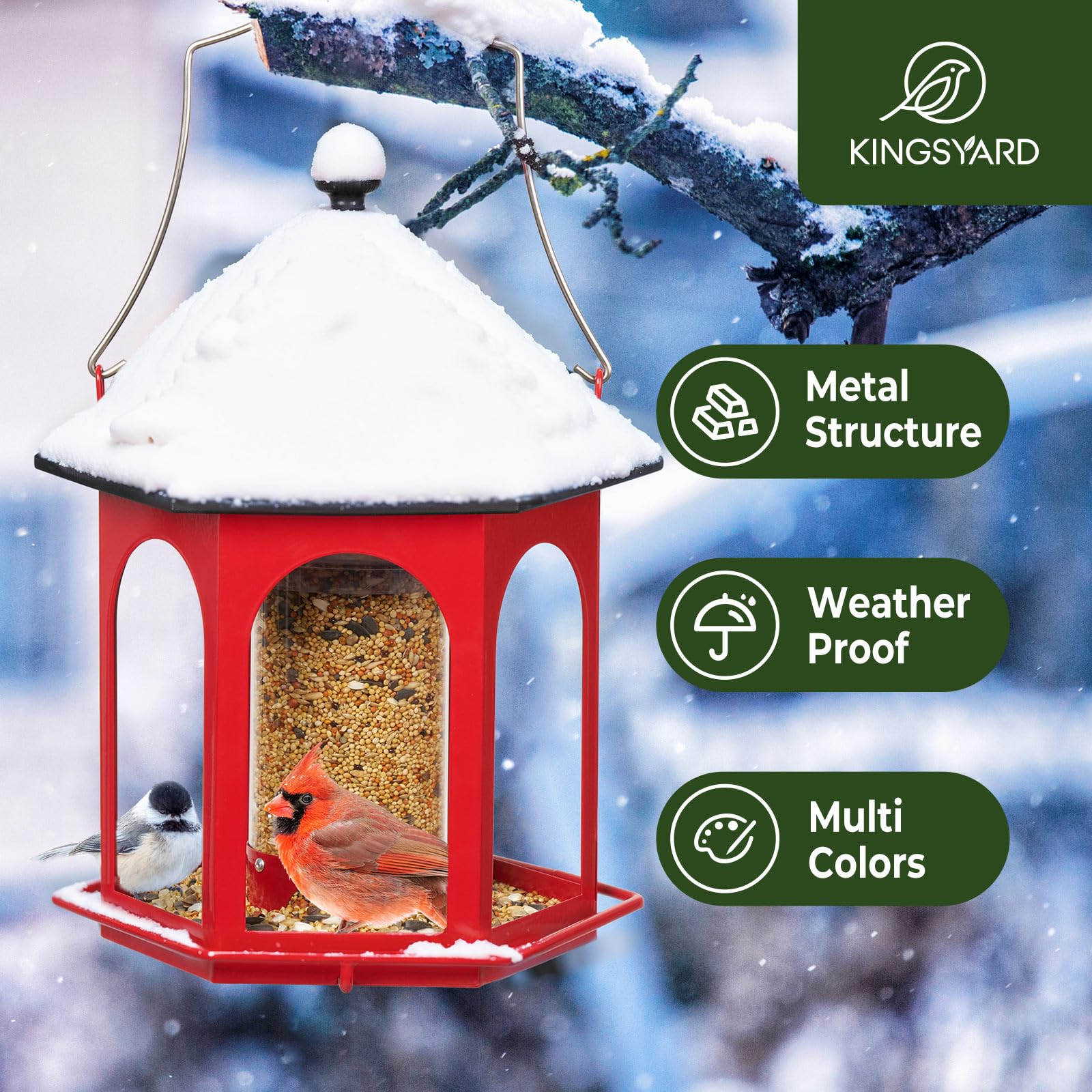 Kingsyard Comederos de metal para pájaros para colgar al aire libre, techo resistente a la intemperie, sin instalación y fácil de limpiar, gran capacidad de semillas de 2.6 libras, para jardín, pinzón
