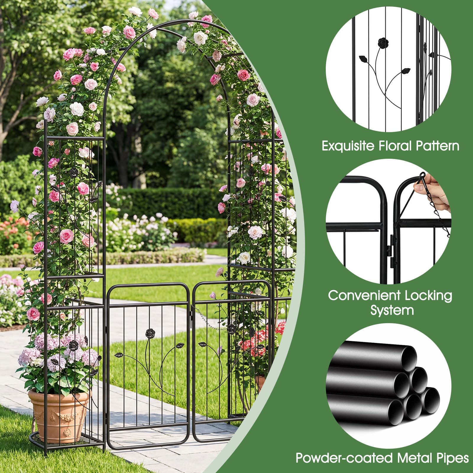 HOMASIS Rosenbogen mit Tür, Metall Gartenbogen mit Rankgitter & 2 Pflanzkästen, Gartentor stabil wetterfest, Rankhilfe für Kletterpflanzen, Spalier Torbogen für Hochzeit Garten Partys (163x50x220cm)
