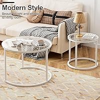 Vista 3 de aboxoo Juego de 2 mesas de cristal anidables blancas, pequeñas mesas redondas de vidrio para sala de estar, dormitorio, mesa de té decorativa