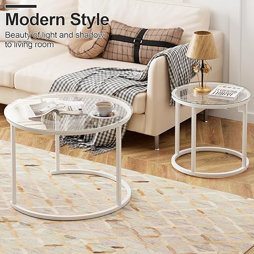 Miniatura 42 de aboxoo Juego de 2 mesas auxiliares blancas con marco dorado, circulares redondas y con patrón de mármol, mesas de madera, sala de estar, dormitorio,