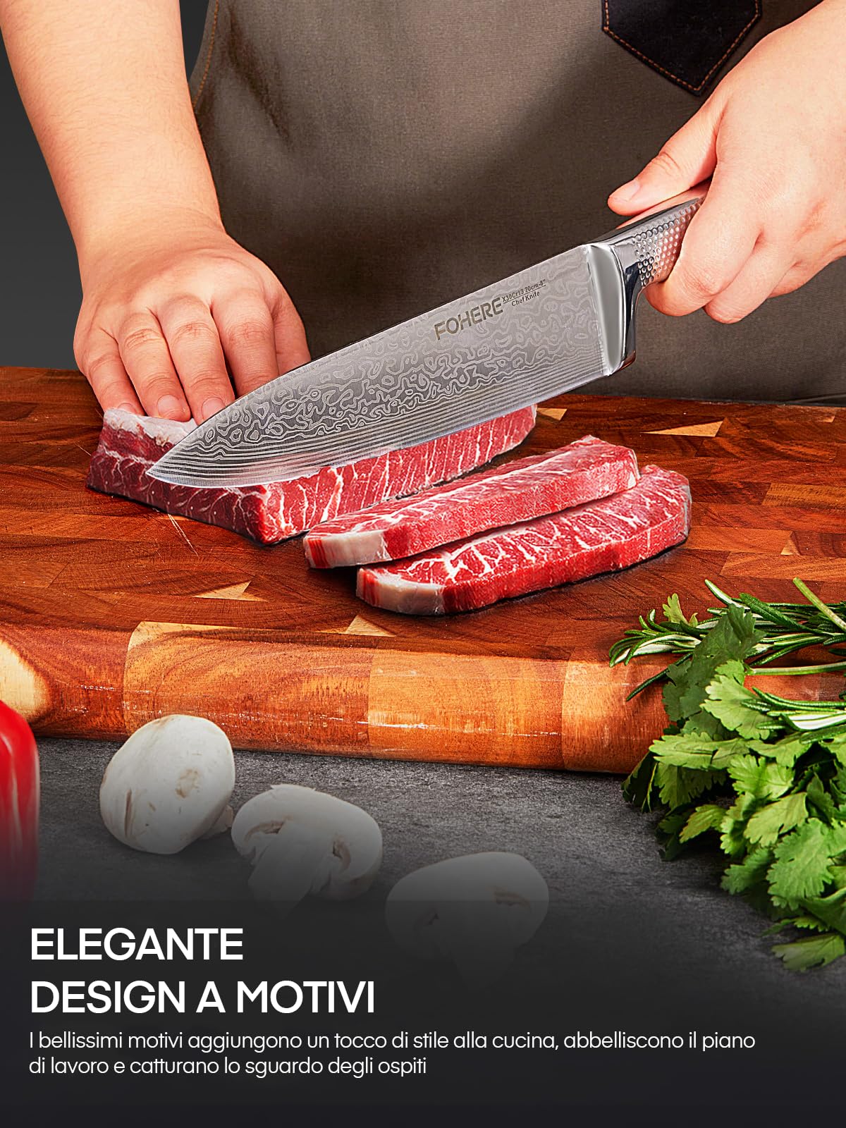 FOHERE Set Coltelli da Cucina Professionale con Tecnologia Avanzata di Affilacoltelli, 7 Pezzi, Coltelli da Cucina in Acciaio Inossidabile, Ceppo Coltello in Legno, Forbici da Cucina