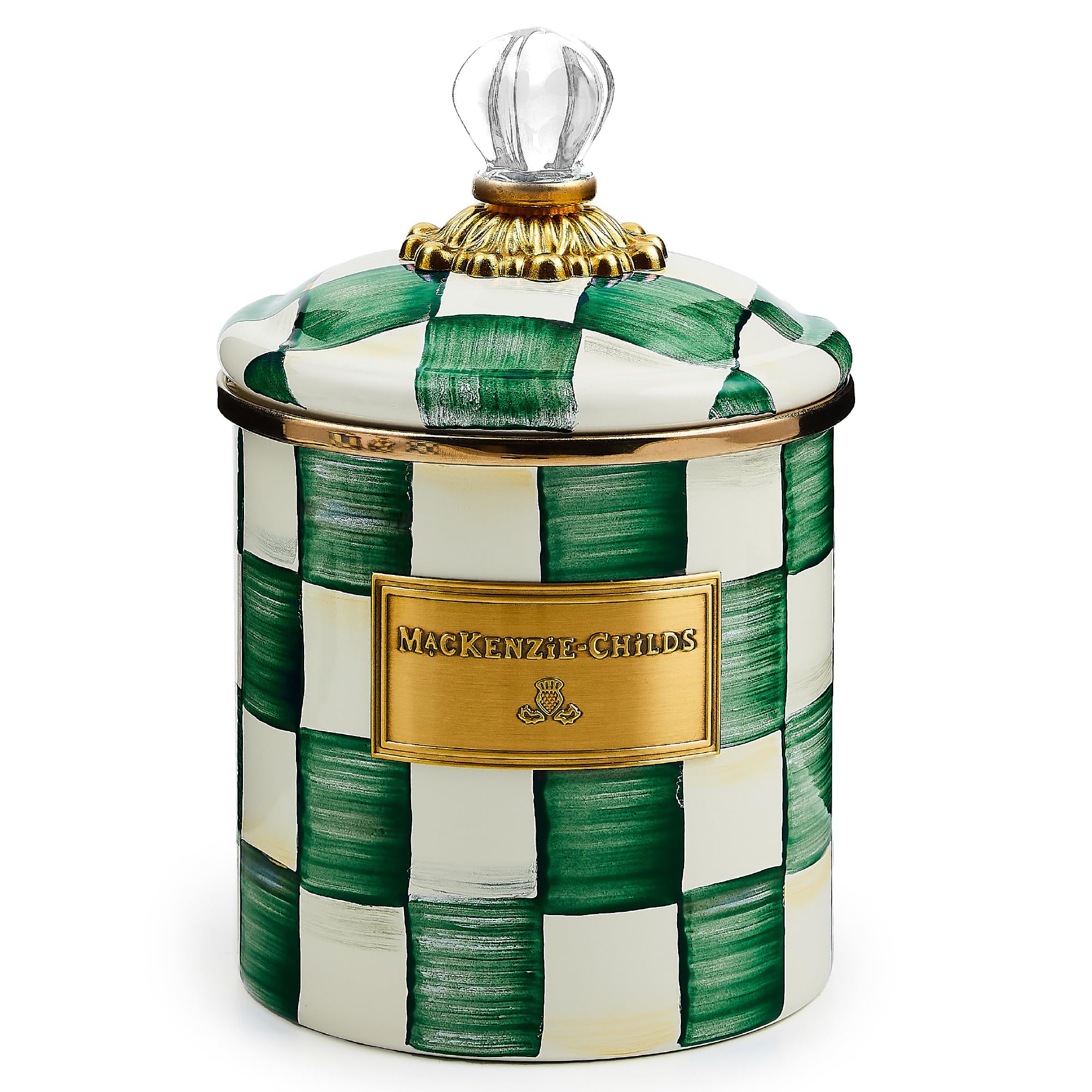 MACKENZIE-CHILDS Small Enamel Canister, Kitchen Storage Container with Lid, Green-and-White Emerald Check