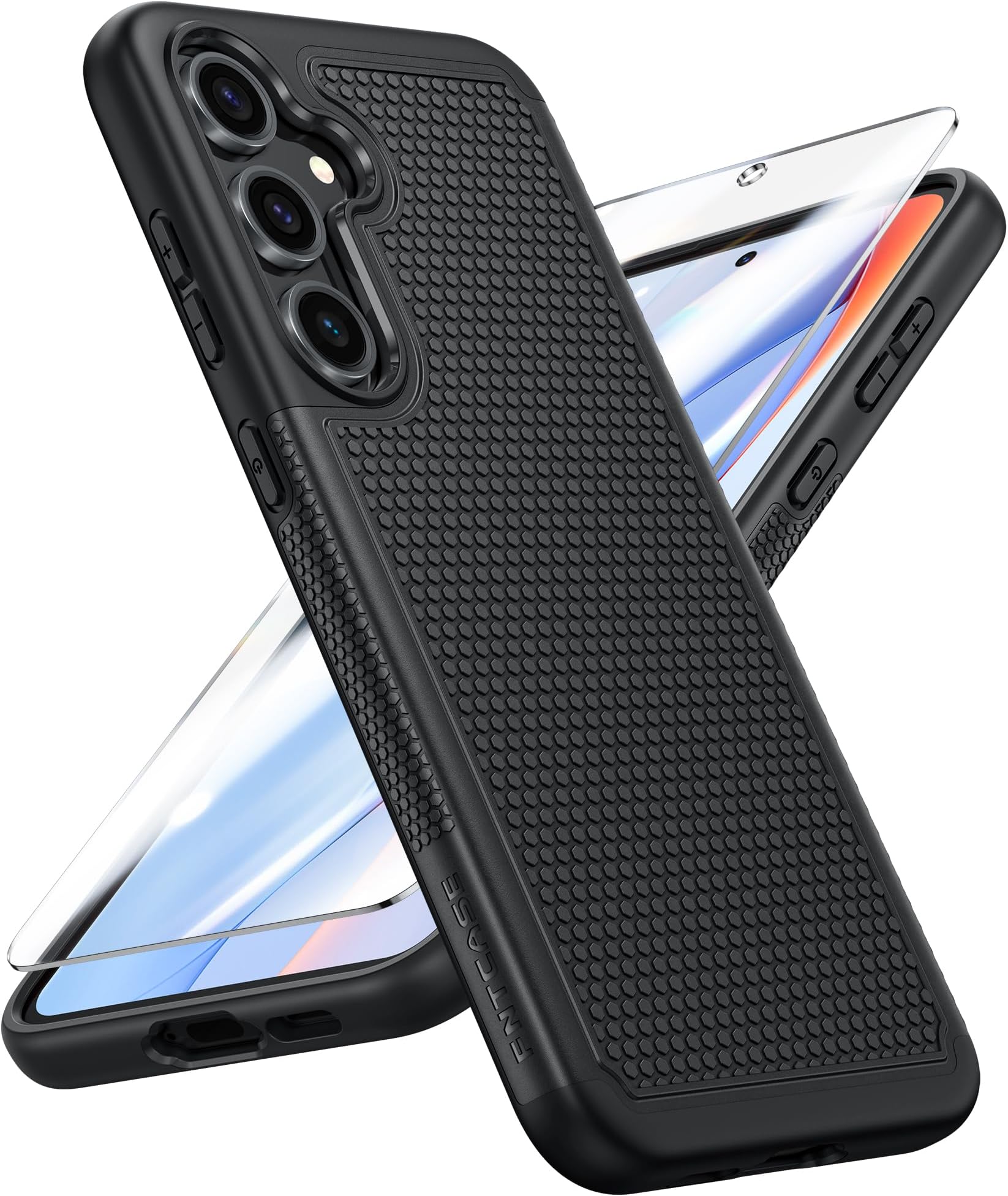 FNTCASE for Samsung Galaxy S24-FE Case: Dual Layer Protective Heavy Duty Cell Phone Cover | Shockproof Rugged with Non-Slip Textured | Military Grade Drop Protection Bumper Tough (Black)