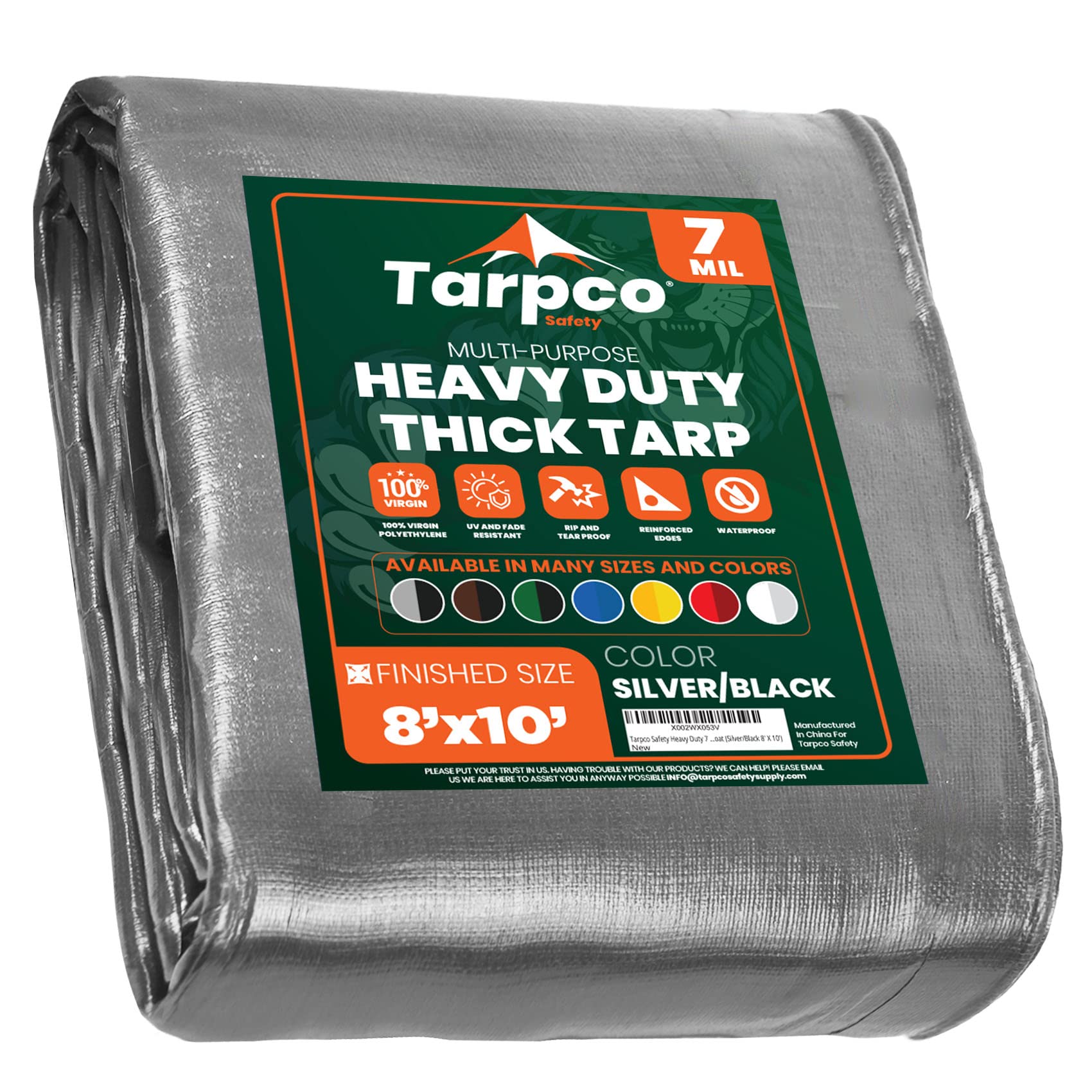 Heavy Duty 7 Mil Tarp Cover, Waterproof, UV Resistant, Rip and Tear Proof, Poly Tarpaulin with Reinforced Edges for Roof, Camping, Patio, Pool Cover, Boat (Silver/Black 8′ X 10′)