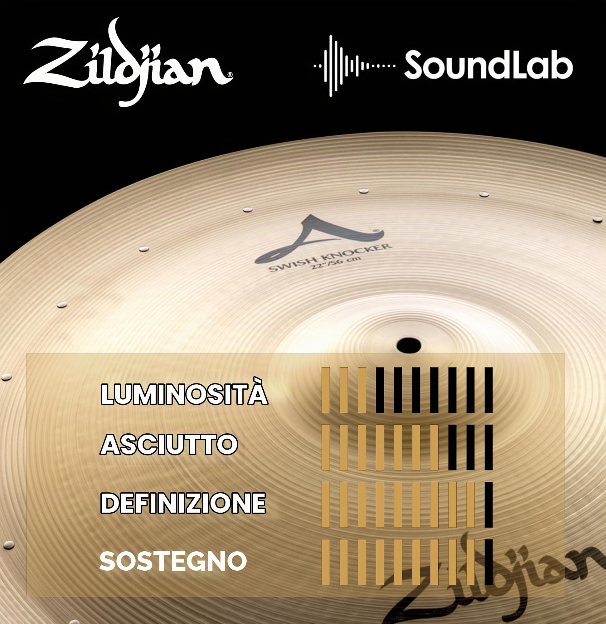 ZILDJIAN – A031522 A Swish Knocker 22" con 20 Rivetti – Piatto Speciale per Batteria Acustica, Bronzo B20, Suono Sizzling e Sustain Prolungato