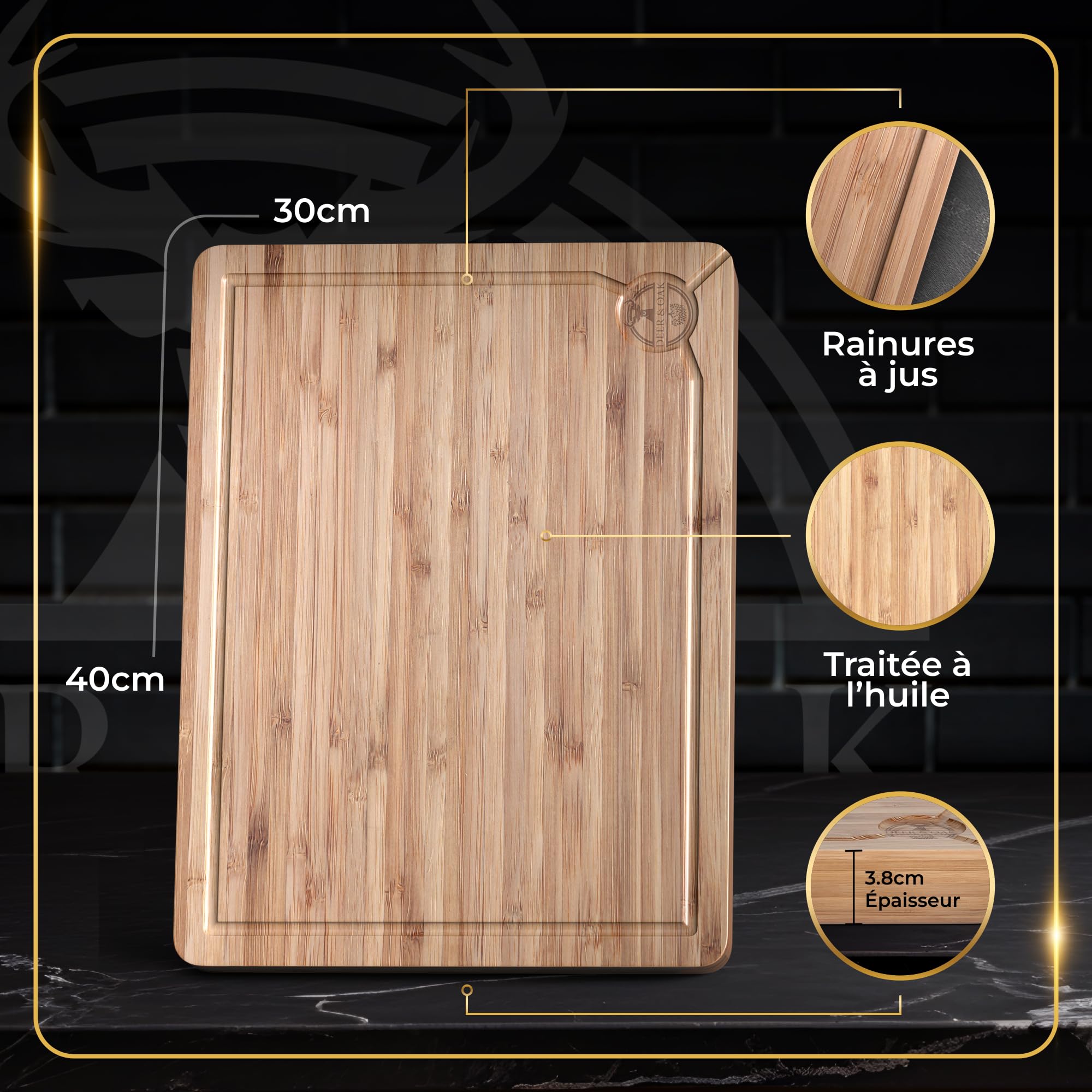 Deer & Oak Planche à découper extra large – Bloc de boucher en bambou de qualité supérieure, 40 x 30 x 3.8 cm, planche à découper en bois pour cuisine, planche à découper très résistante