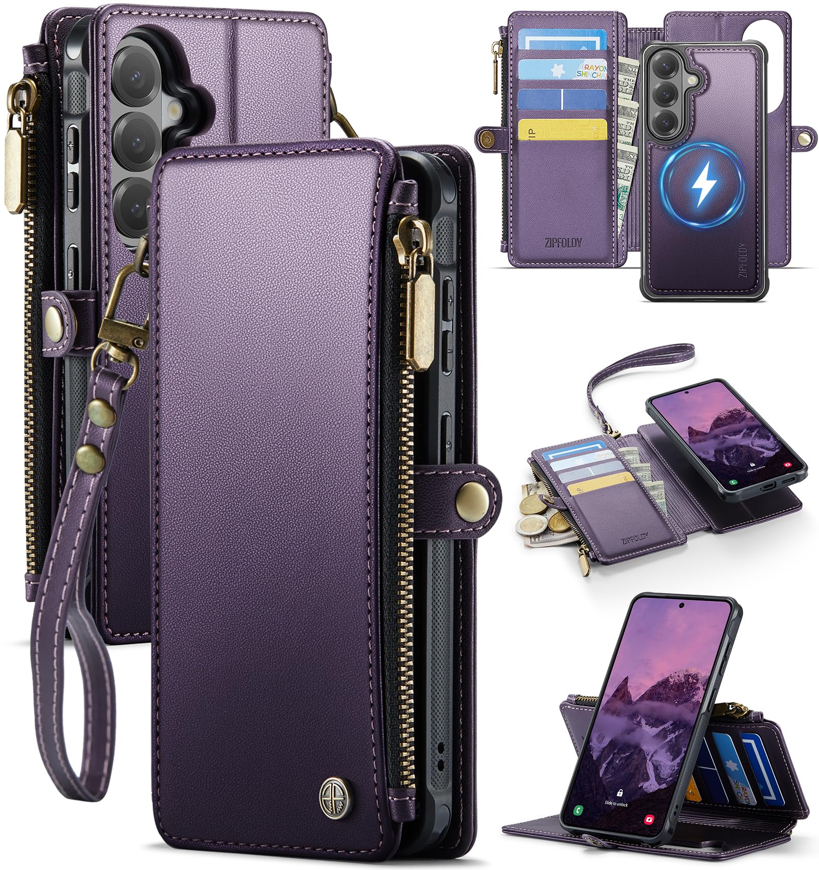 per Galaxy S24 - Custodia a portafoglio magnetica staccabile | Staccato per Magsafe, porta carte di credito con blocco RFID, borsa con cerniera, cinturino da polso, per donne e uomini