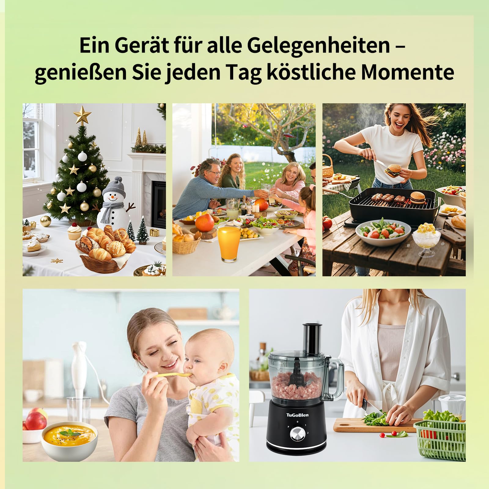 7-in-1 Küchenmaschine mit 2,5L-Verarbeitungsbehälter, 1,5L-Glasmixer, 200ml-Glasmühle, Knet- und S-Klingen, Reibe-, Schneide- und Pommes-Frites-Klingen zum Kochen,für Smoothies und Gewürze