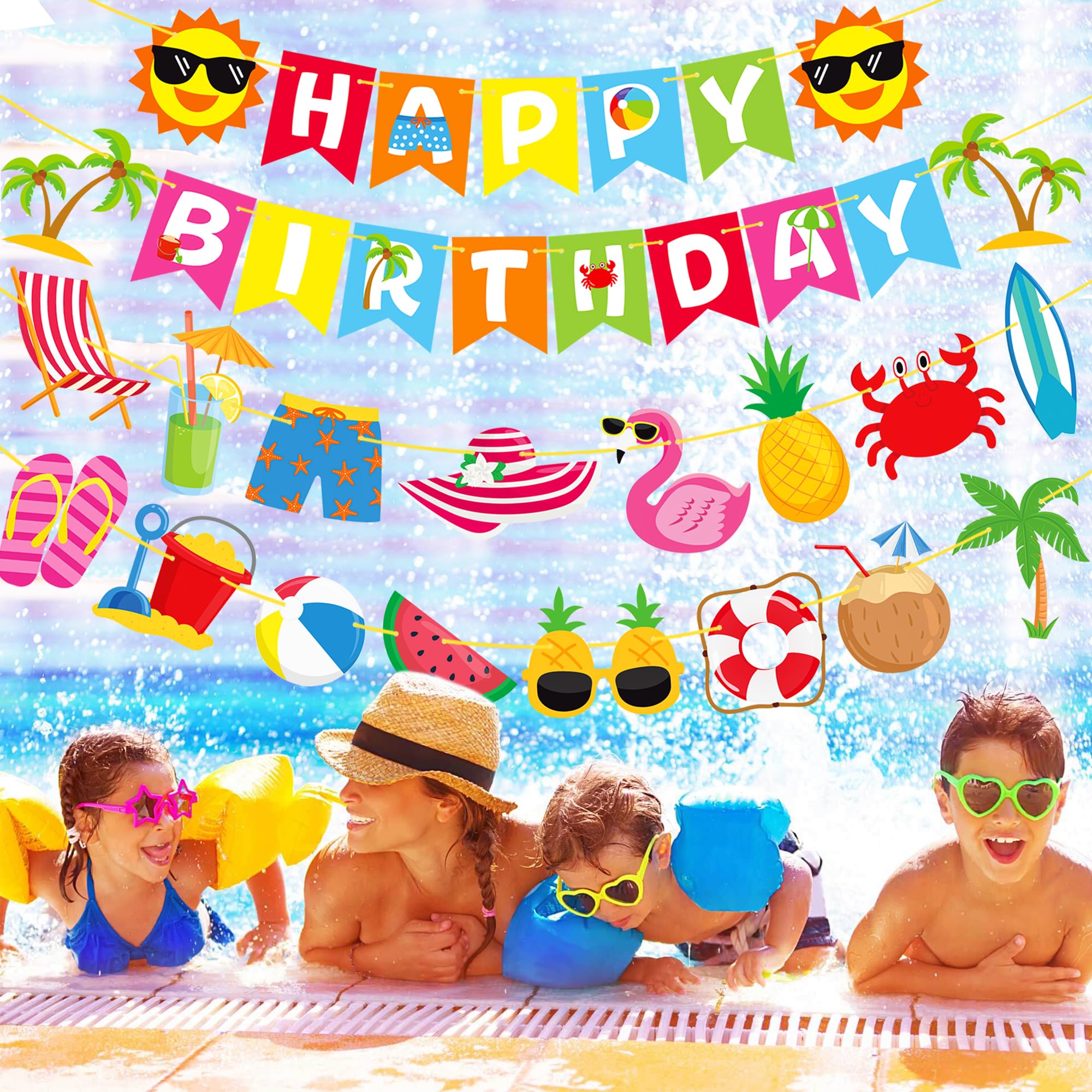 Pancarta de cumpleaños de playa, decoración de fiesta de cumpleaños, 4 piezas, suministros de fiesta de playa hawaiana de verano, playa, piscina, fiesta, feliz cumpleaños, pancarta para fiesta de bebé